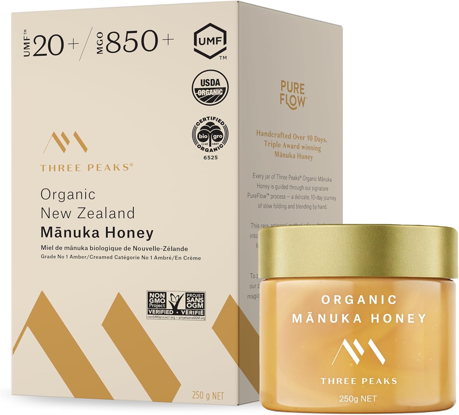 Manuka Honey Organic – Three Peaks Raw UMF 20+ (MGO 850+), USDA Organic, Non-GMO, Certified UMF, Monofloral, 3rd-Party Tested, Traceable Hive to Jar, New Zealand (250 g)