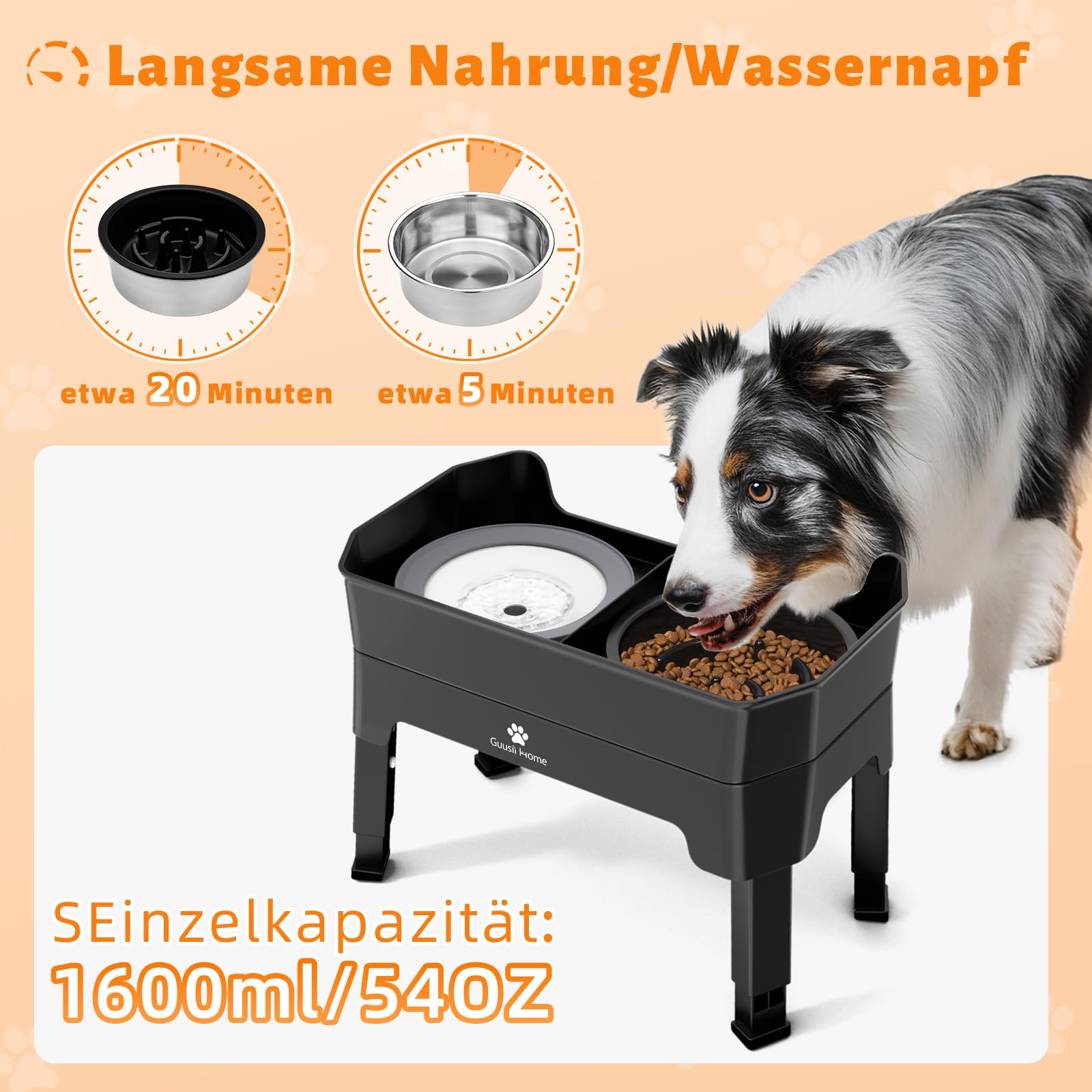 GUUSII HOME Hundenapf Erhöht Grosse Hunde Erhöhter Futternapf Fressnapf Napf Groß Hund Futterbar Hundebar Napfset mit Ständer Hundenäpfe Futterstation Mittlere Doppelnapf 43.5 * 26.7 * 36.7cm 1600ml