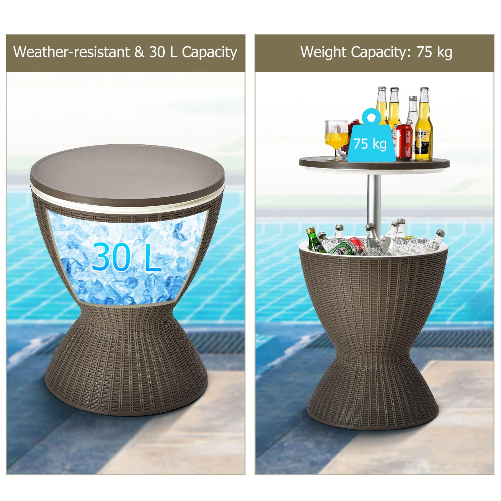 GOPLUS 3 en 1 Mesa Nevera para Jardín, 30L Cool Bar de Altura Ajustable, Mesa de Hielo con Tapón de Drenaje de Imitación de Ratán, Mesa de Cóctel de Patio para Fiesta Camping Exterior (Marrón)