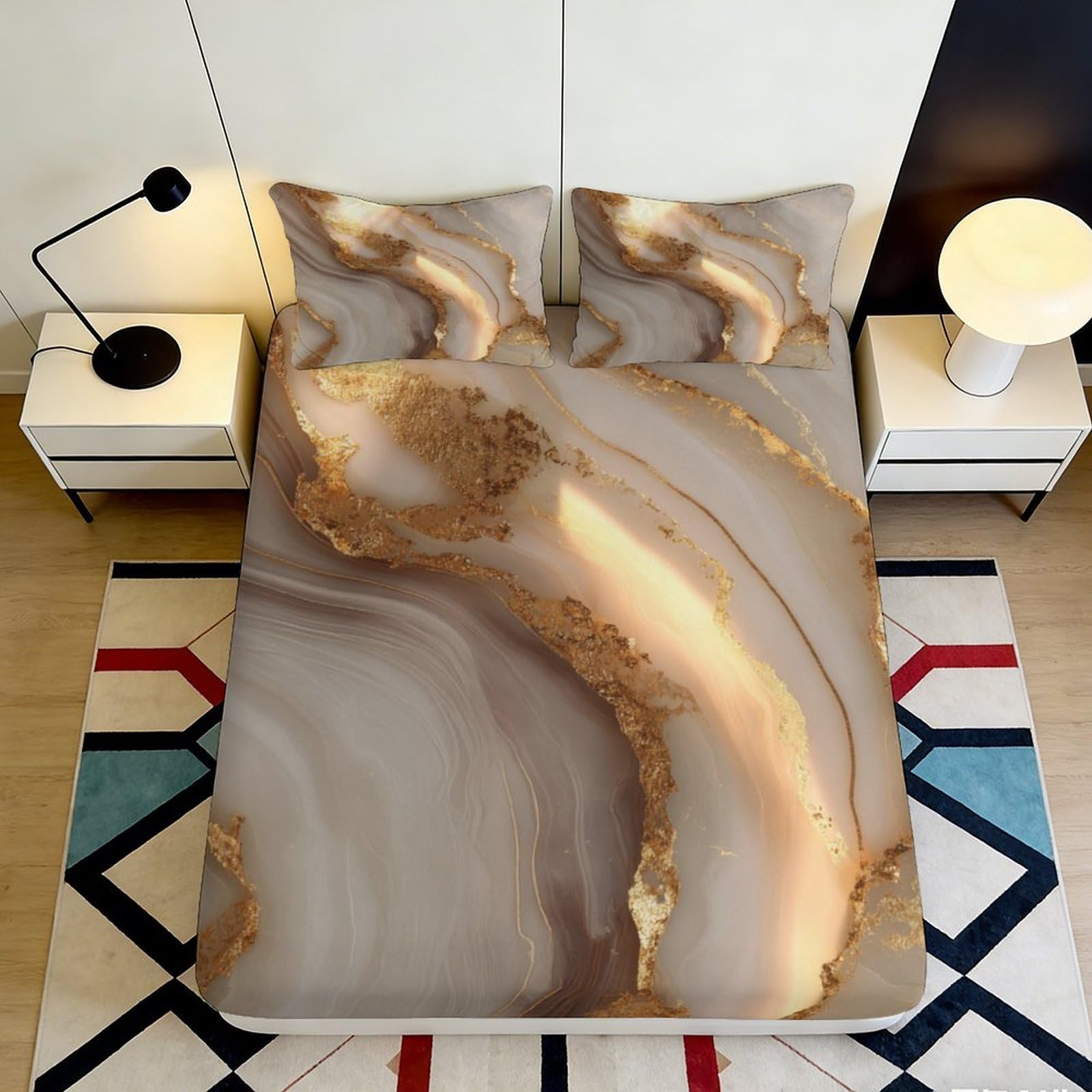 3D Printed Marble Pattern Fitted Sheet Microfiber Soft Durable 3D Printed Gold Vein Mattress Cover for Bedroom Dormitory Guest Room Protection Decor 120x200x25cm