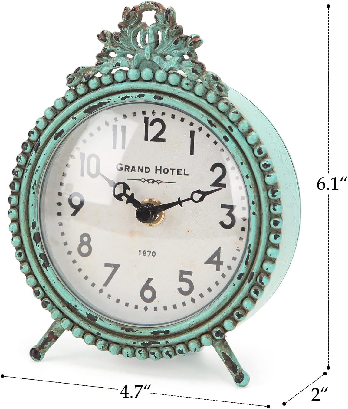 NIKKY HOME Antique Table Clock Silent Non-Ticking, Small Shelf Desk Top Clock Battery Operated Rustic Distressed Design, Shabby Chic Home Decor for Fireplace Mantel, Desktop, Countertop- Green