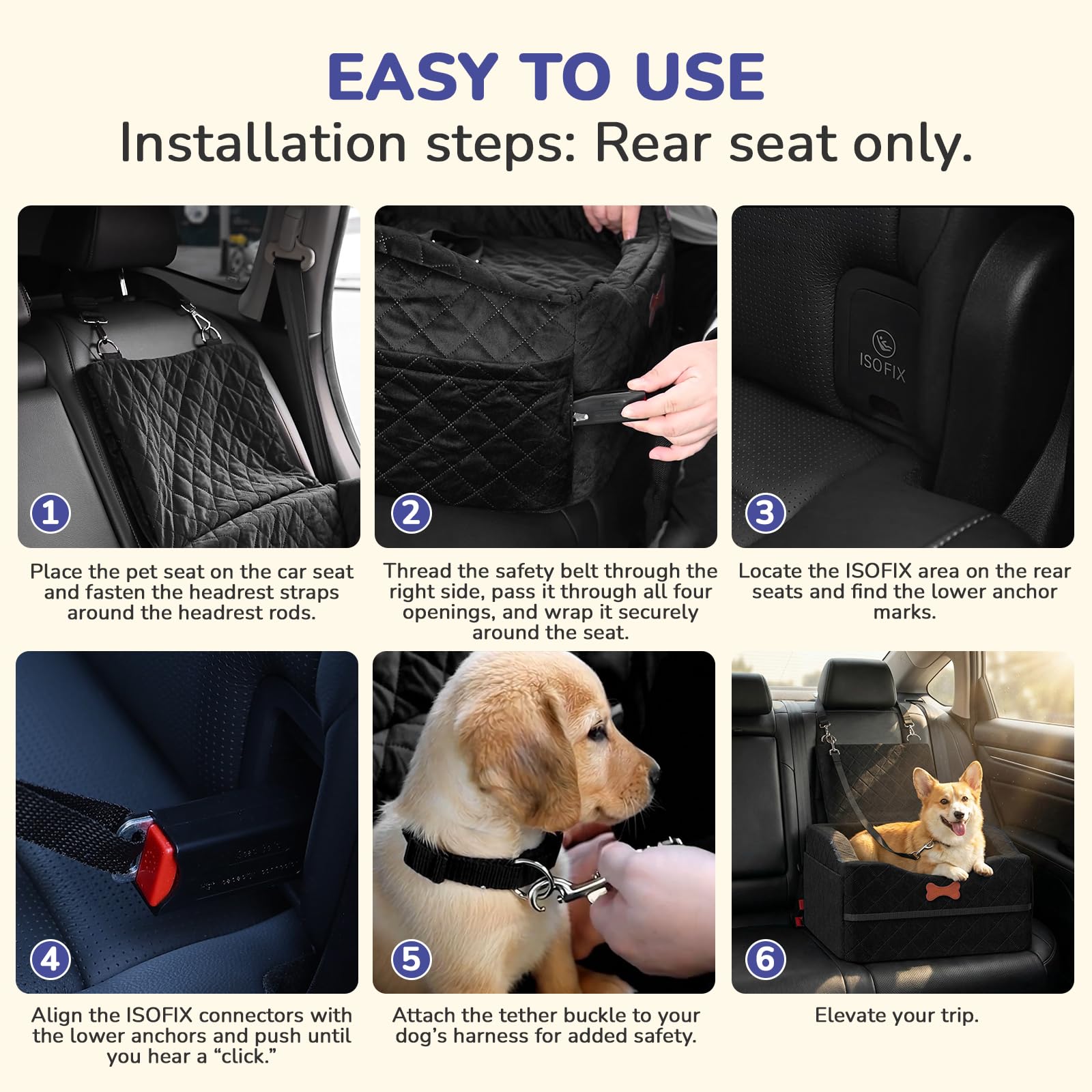 Dog Car Seat for Small Medium Dogs, 6" Elevated Dog Booster Seat with ISOFIX Safety Fixation, Washable Cover & High Density Memory Foam, Portable for Car Front/Rear/Trunk Home Outdoor Use (Jet Black) - image 5