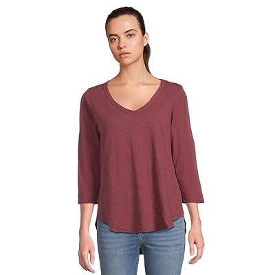 Mod o doc 3/4 Sleeve V Neck T Shirts with Curved Hem Women