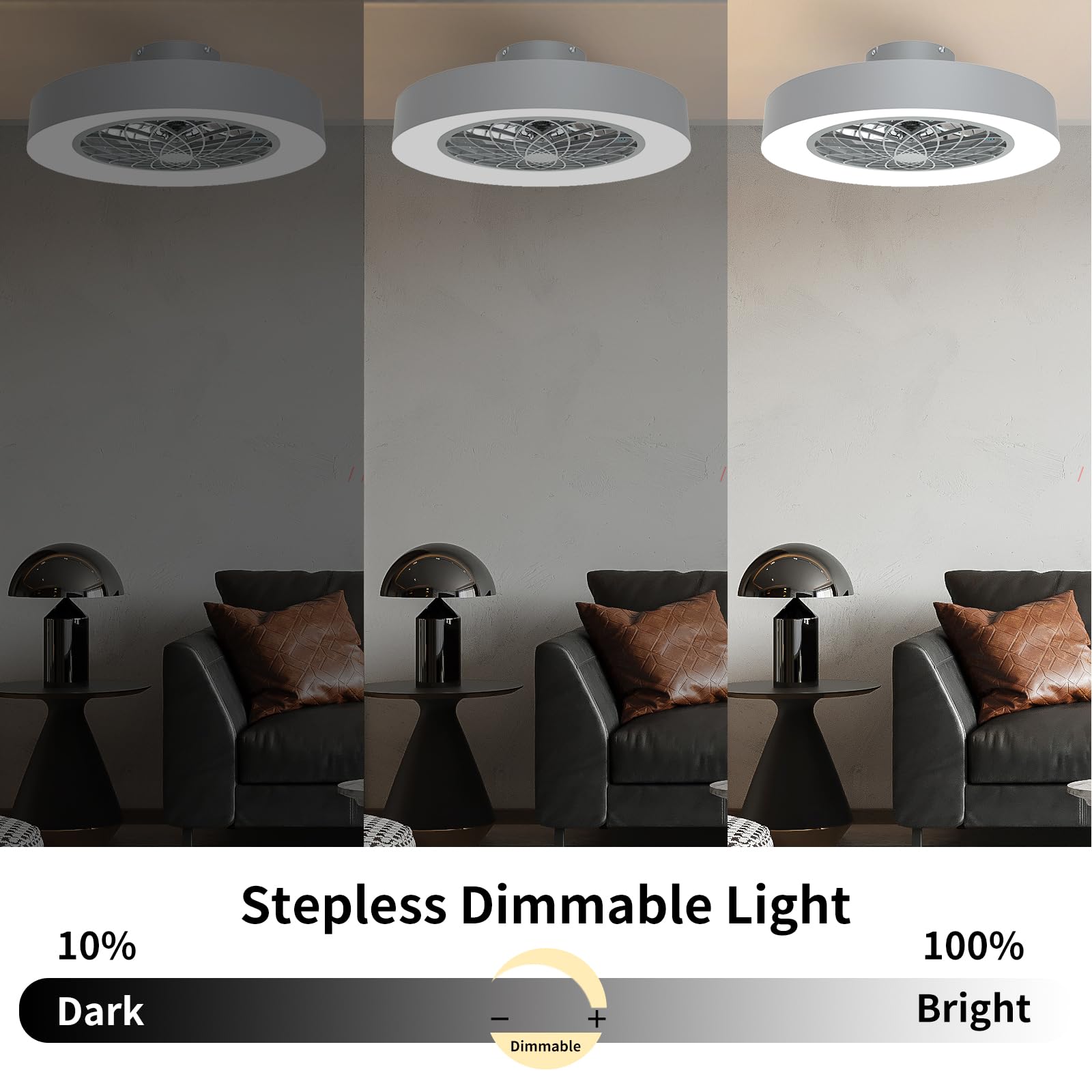 JHHF Ceiling Fan with Lights Remote Control,Dimmable Fan Lighting, 20'' Enclosed Bladeless Fan, Semi Flush Mount,2.4GHz Wi-Fi Bluetooth & App Controlled with Alexa and Google Assistant (Dark Grey)