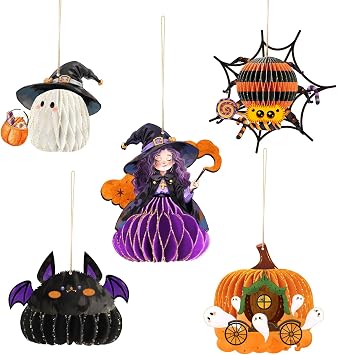 AOBKIAT Halloween Party Decorations,3D Mini Hanging Honeycomb Ornaments,Gold Glitter Witches Bats Ghost Spider Pumpkin Honeycomb,for Spooky Party,Haunted House Decor,Hanging for Window,Tree,5PCS