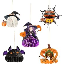 AOBKIAT Halloween Party Decorations,3D Mini Hanging Honeycomb Ornaments,Gold Glitter Witches Bats Ghost Spider Pumpkin Honeycomb,for Spooky Party,Haunted House Decor,Hanging for Window,Tree,5PCS