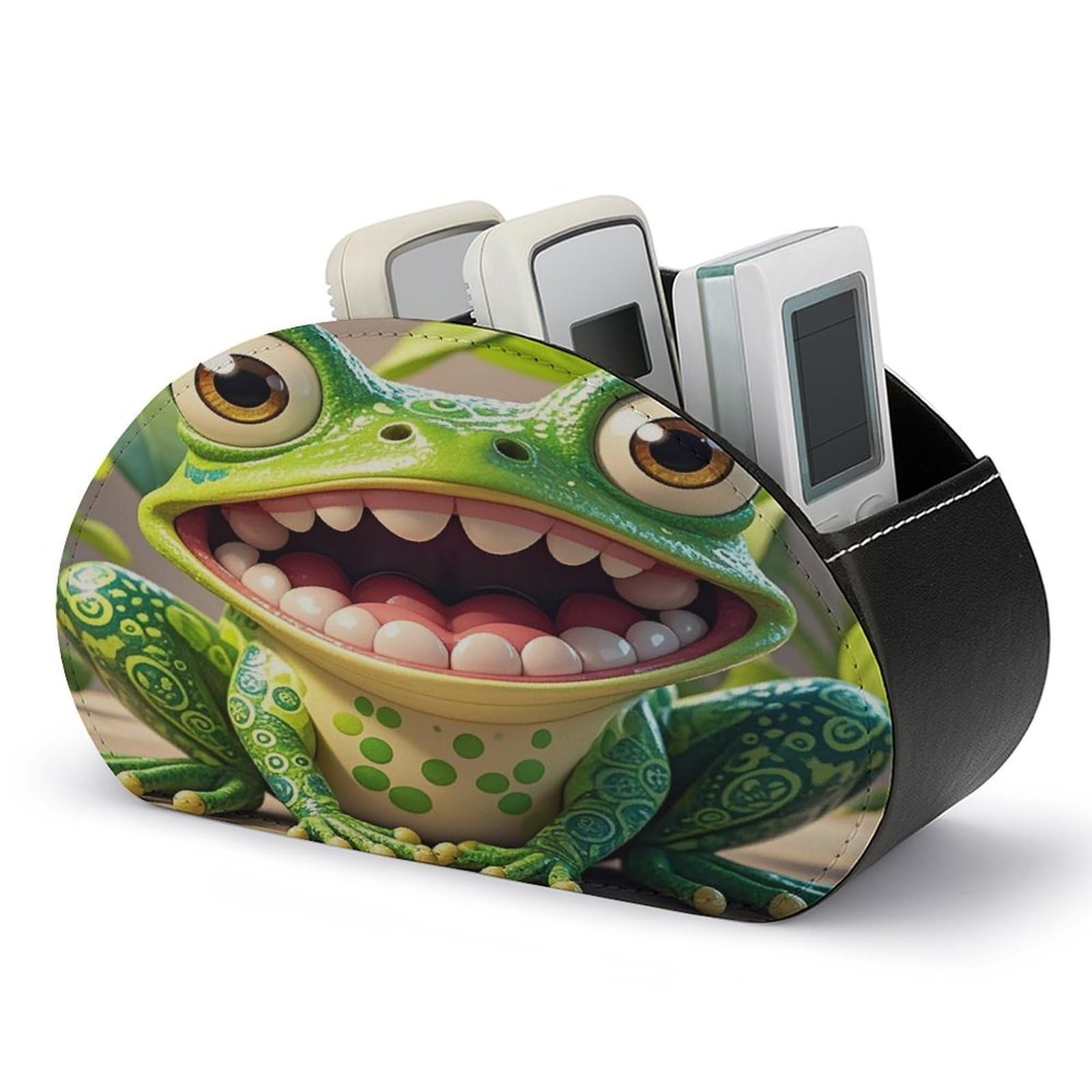 LZQPOEAS Frog with Mouth Open Cartoon Remote Control Holder with 5 Compartments PU Leather Remote Organizer Box Caddy for Table Nightstand Remote Caddy Desktop Organizer Fits Media Controllers