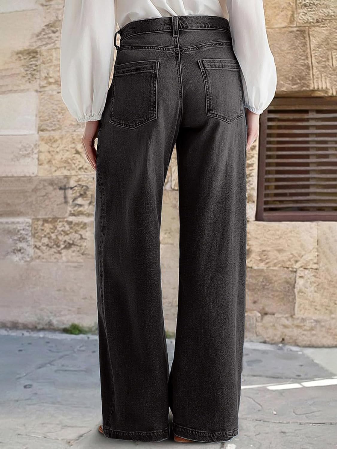 Flamingals Wide Leg Jeans for Women Mid Waist Baggy Stitch Decor Denim Washed Pants Without Belt