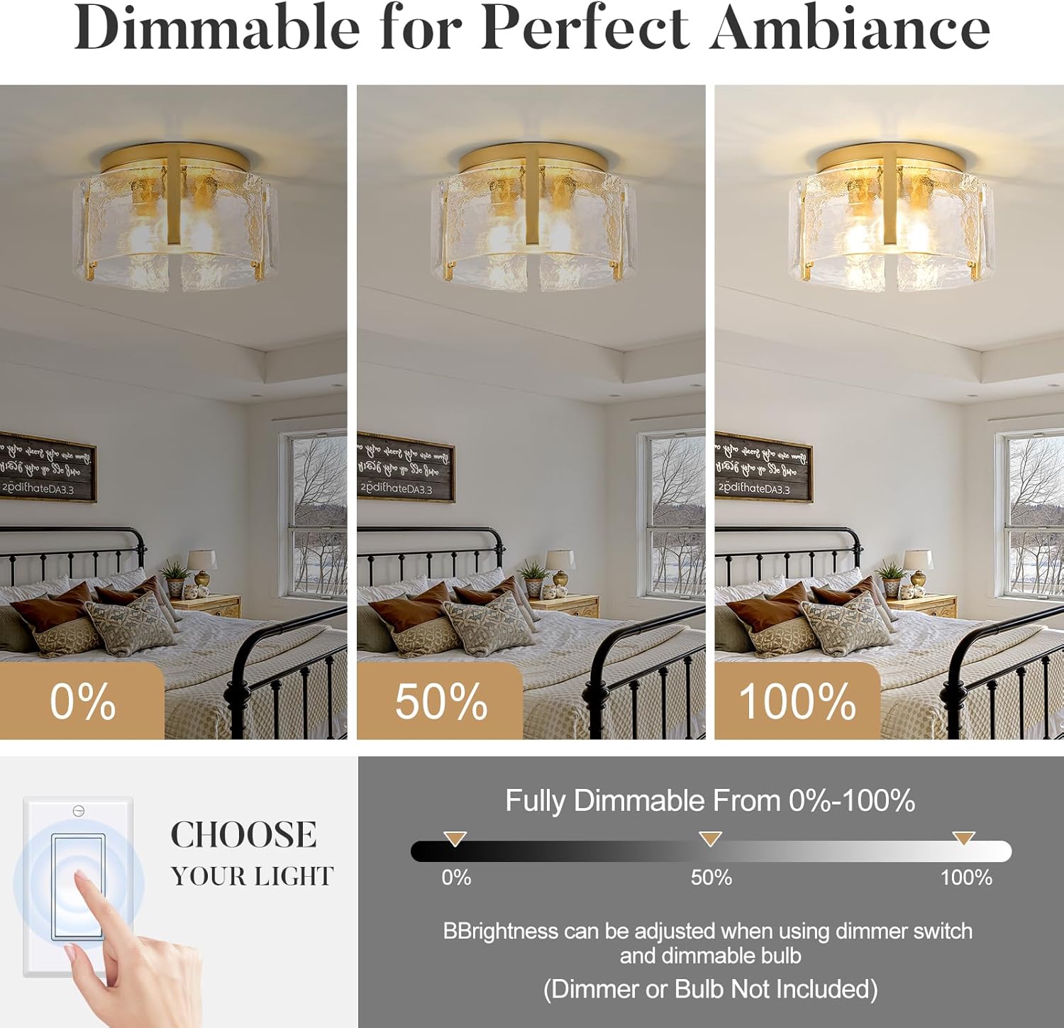15" Gold Handmade Glass Semi Flush Mount Ceiling Light Fixture for Kitchen Hallway Entryway Laundry Bedroom, 3-Light Farmhouse Modern Close to Ceiling Light with UL Certification