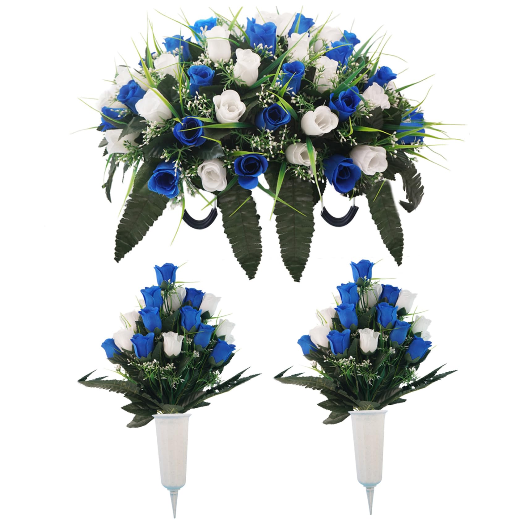 Fleurs de cimetière artificielles résistantes bleu et blanc