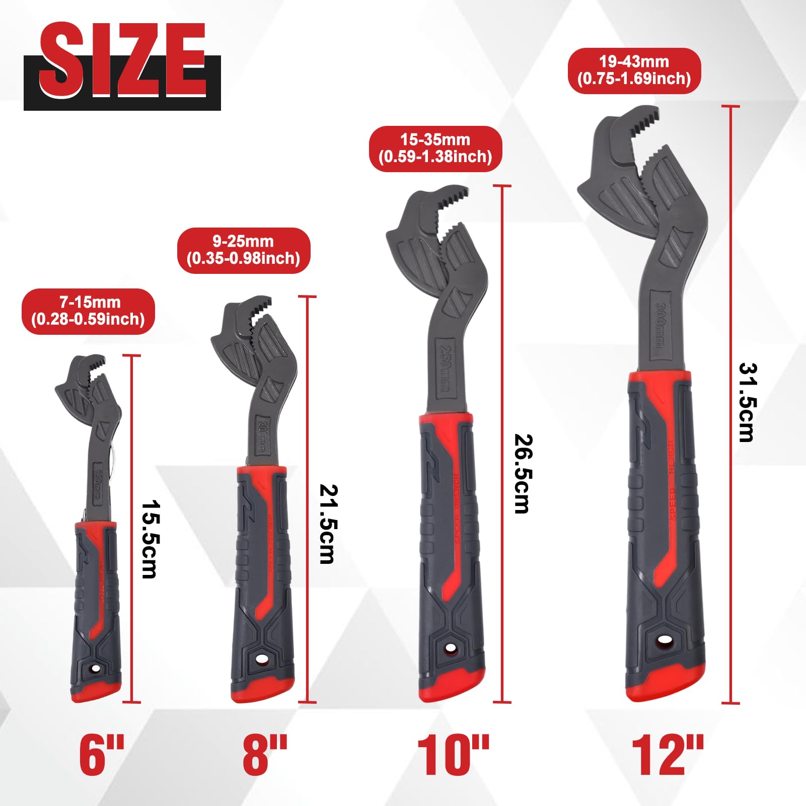 SPEEDWOX 4 szt. samoregulujących się kluczy do rur, wielofunkcyjny zestaw kluczy samoblokujących, 15 cm, 20 cm, 25 cm, 30 cm, 30 cm, 30 cm, uchwyt mocujący do rur, szerokie zastosowanie na rurach