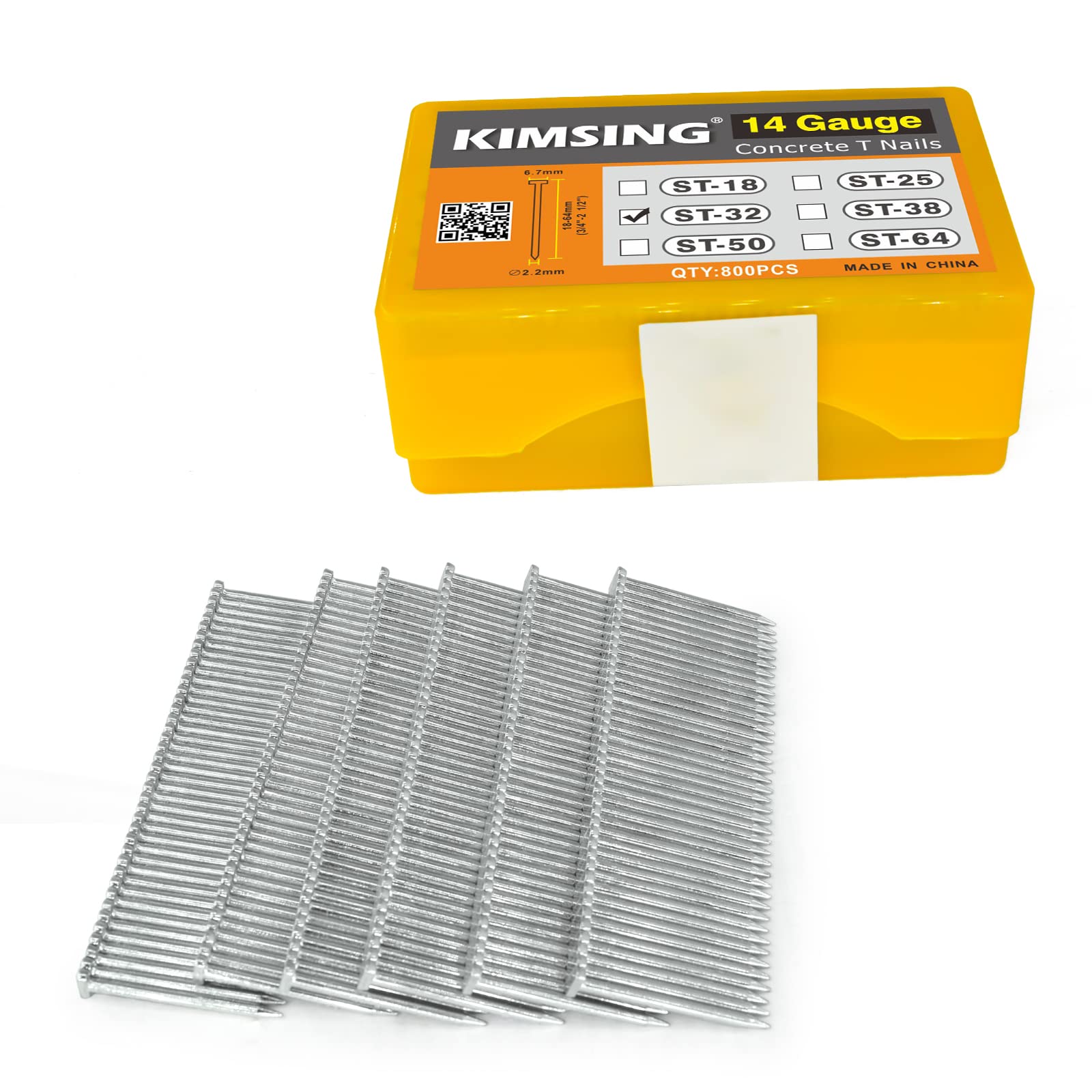 KIMSING ST32 14 Gauge Concrete T Nails, 1 1/4'' (32MM) Length Collated Concrete T Nails, Galvanzied, 800 PCS/BOX, Fasteners for Pneumatic Concrete T Nailer, Air T Nail Gun