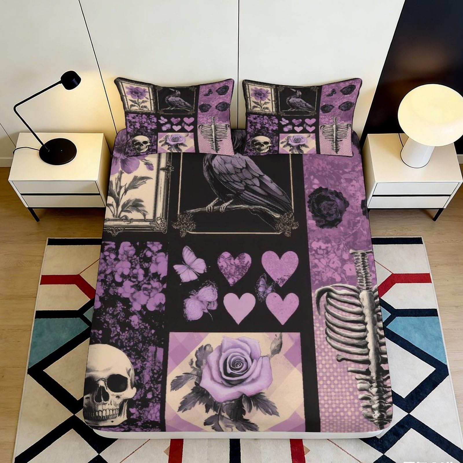 3D Printed Gothic Skull Raven Fitted Sheet Microfiber Purple Butterfly Hearts Bed Cover for Bedroom Guest Room Decor 120x200x25cm