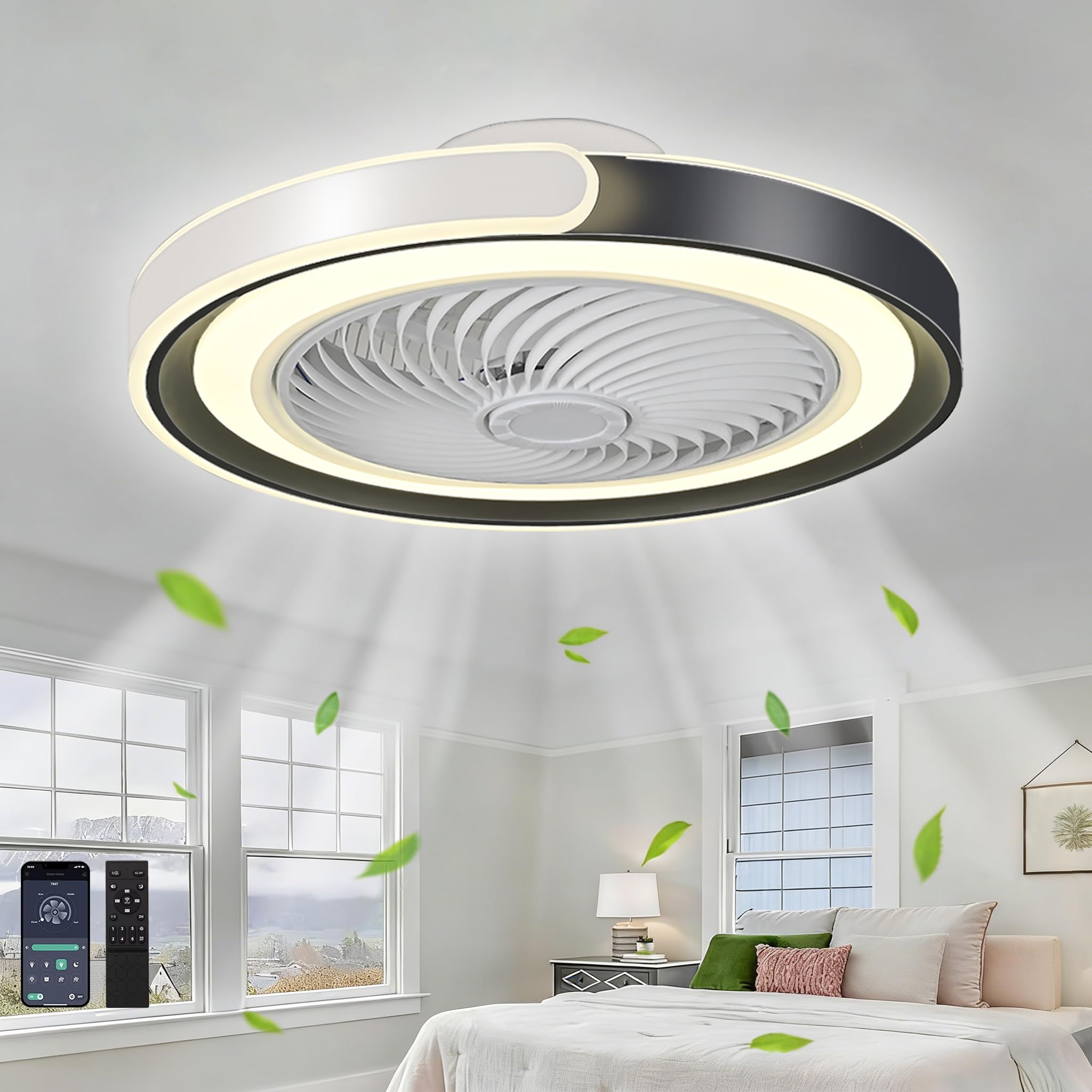 50cm Ventilateur Plafond Silencieux avec Lumiere, Dimmable Plafonnier LED 70W Ventilateur de Plafond avec télécommande APP, 6 Vitesses, Minuterie, pour Salon, Chambre, Cuisine(Noir+Blanc)