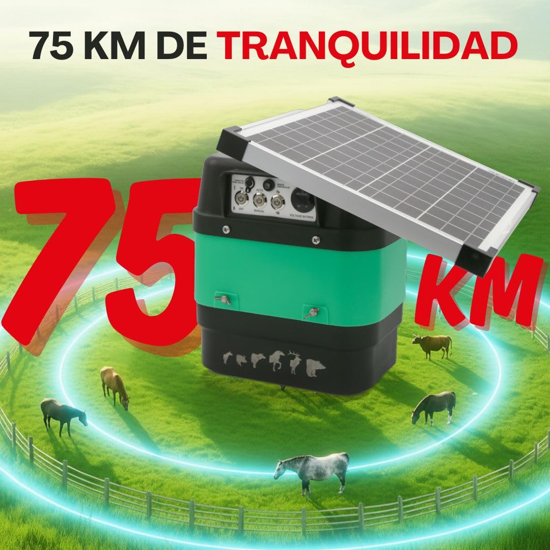 Eléctrico Solar Crepuscular Llampec Mod.50S – 6,3 J, 10.000 V y 75 km de Alcance – Especial Antijabalí con Sensor de Luz y Panel Solar 12V 20W Incluido – Batería 12V 60Ah no incluída