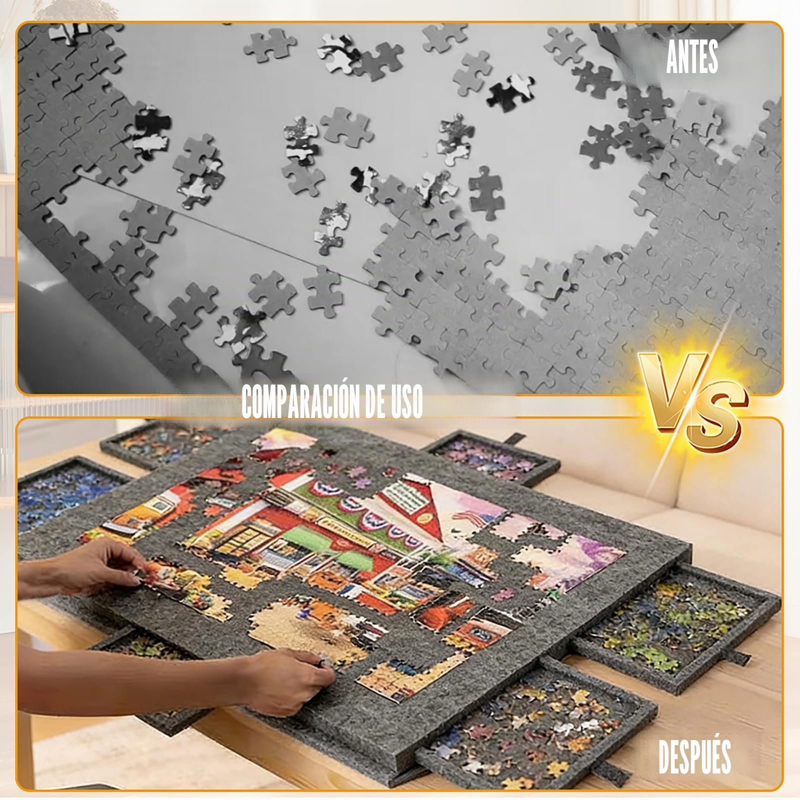 Tablero Puzzle para 1000 Piezas, Puzzles Board con 6 Cajones Clasificadoras, Tapete Puzzle de Fieltro Ligero con Soporte 2 en 1, Portátil Mesa Puzzles 52 x 77 cm, Negro
