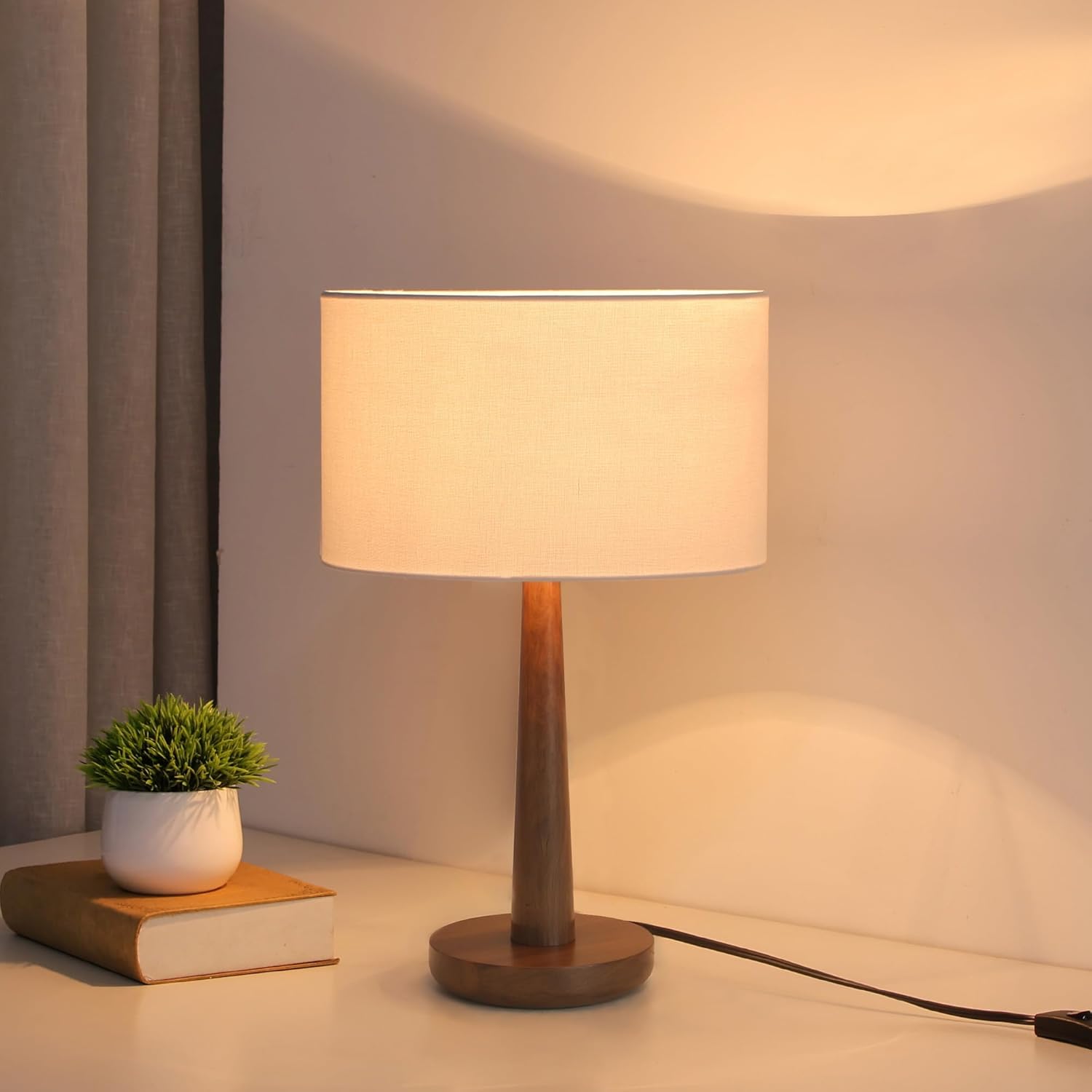18.5" Tall Table Lamp for Living Room, Dimmable Modern Walnut Wood Desk Lamps for Bedroom, UL Listed Nightstand Lamp, End Table Lamps for Entryway, Console, Office, Dorm, White Line Shade