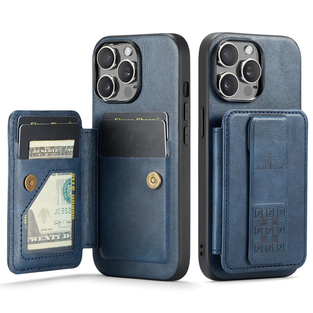 Étui de téléphone en cuir antichoc pour iPhone 15 bleu avec support de carte