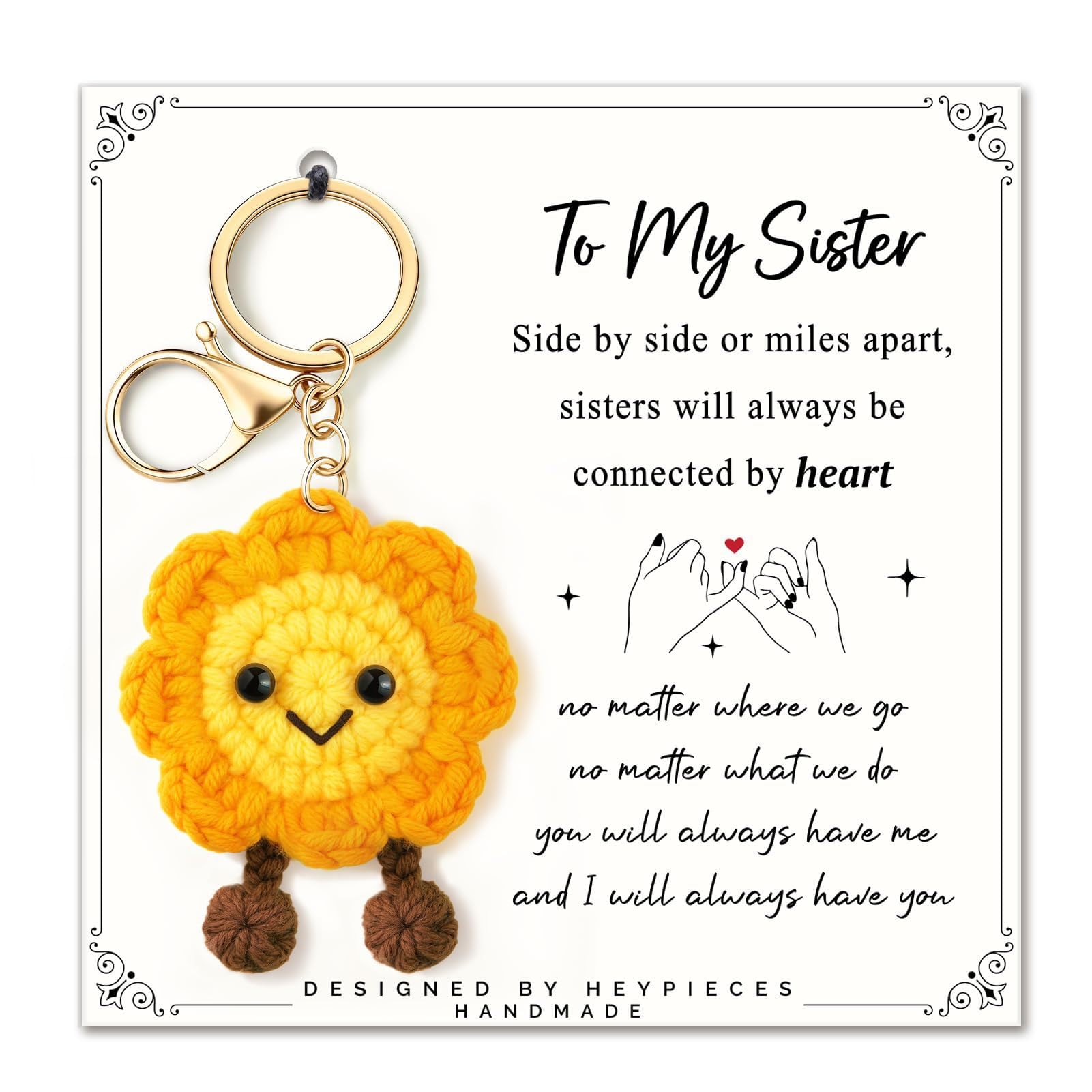 DINSAGE Sister Gifts Crochet Sunflower Keyring with Message Card & Gift Box, Birthday Gifts for Sister, Cute Handmade Emotional Support Keepsake from Sister