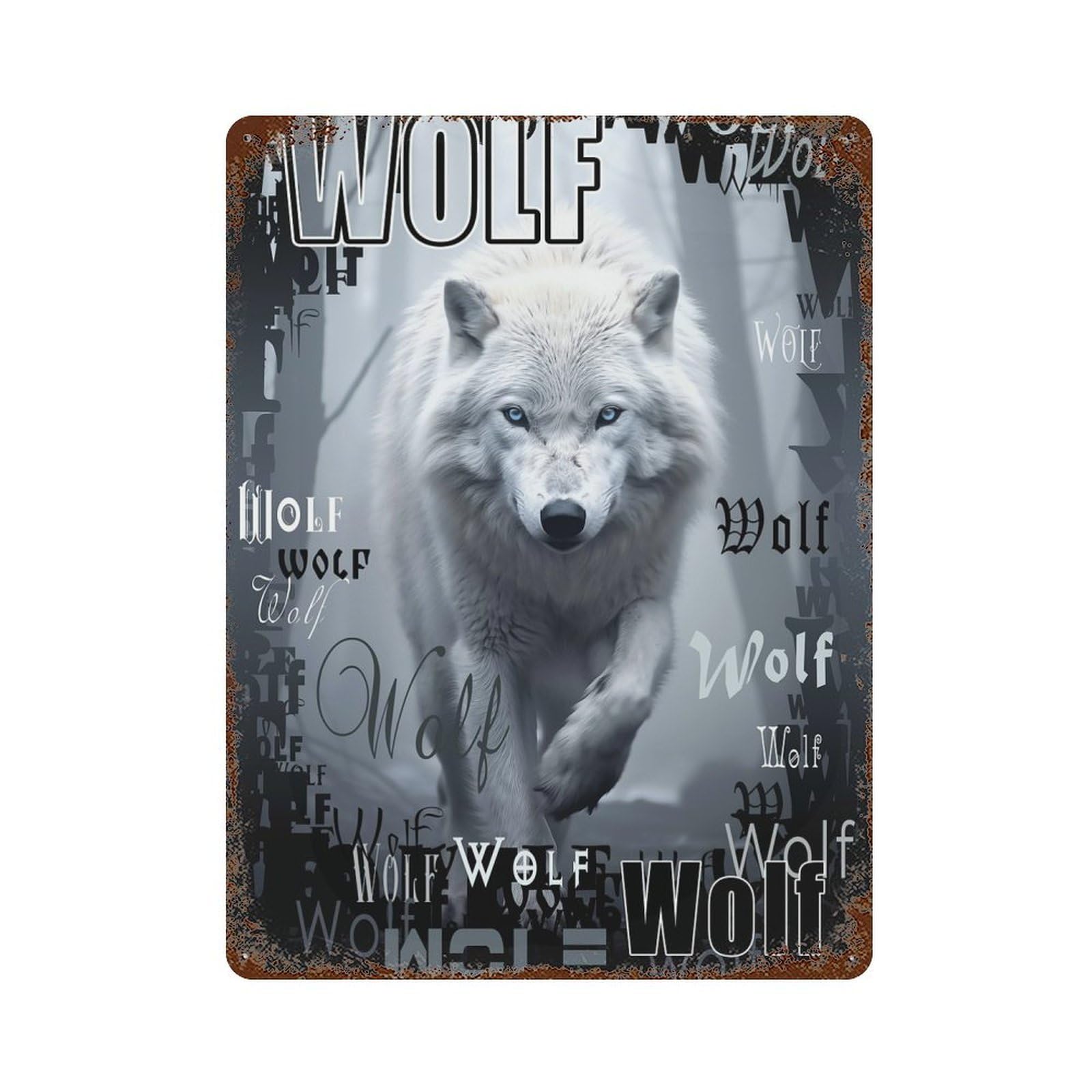 White Wolf Graphic Rust Effect Tin Sign 15.7"x11.8", Ideal for Shed, Workshop And Garage Wall Decor