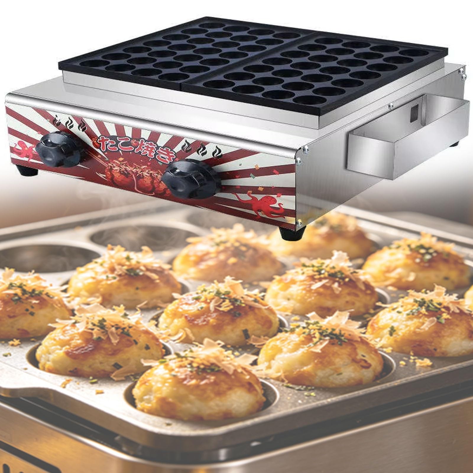 Macchina Professionale per takoyaki da 4000 W, 56 Fori alla Volta, a Doppia Piastra, a Gas, per polpette di Pesce e polpette di Polpo, Ideale per ristoranti e Snack Bar
