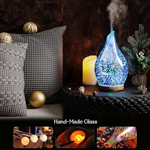 Miniatura 5 de Porseme Difusor de aceite esencial de 9.5 fl oz para aromaterapia, difusor de aceite ultrasónico, humidificador de niebla fría de vidrio 3D, apagado