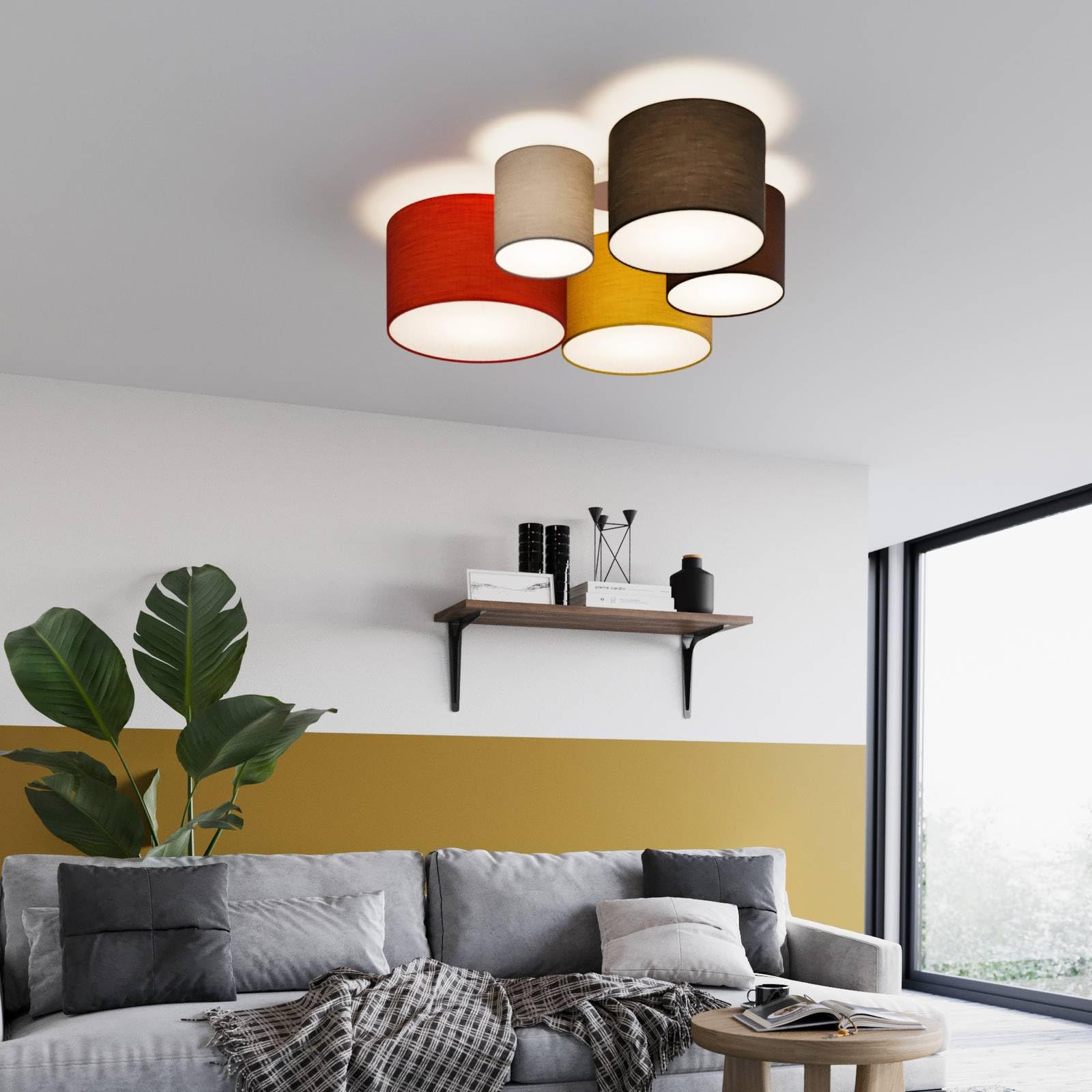 Lindby Stoff Deckenlampe grau, braun schwarz rot gelb 5 Schirme Ø 20 25 30 35 40 cm 5x E27 max. 60W ohne Leuchtmittel Textil Deckenleuchte