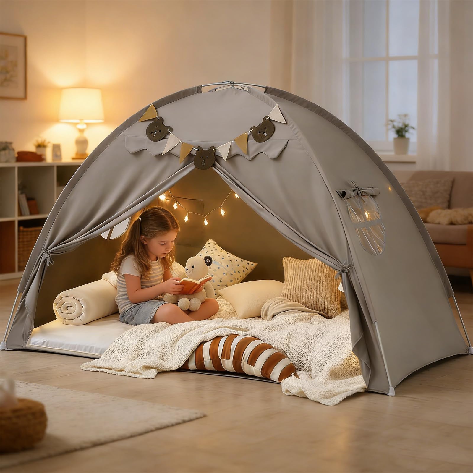 Kinderzelt Indoor Spielzelt Kinder Groß, 195 X 98 X 125 cm Kinderzimmer Spielhaus mit 2 Fenstern, Lichtkette & Fahnen, Maschinenwaschbar, für Spielzimmer, Party, Schneller Aufbau (Grau)