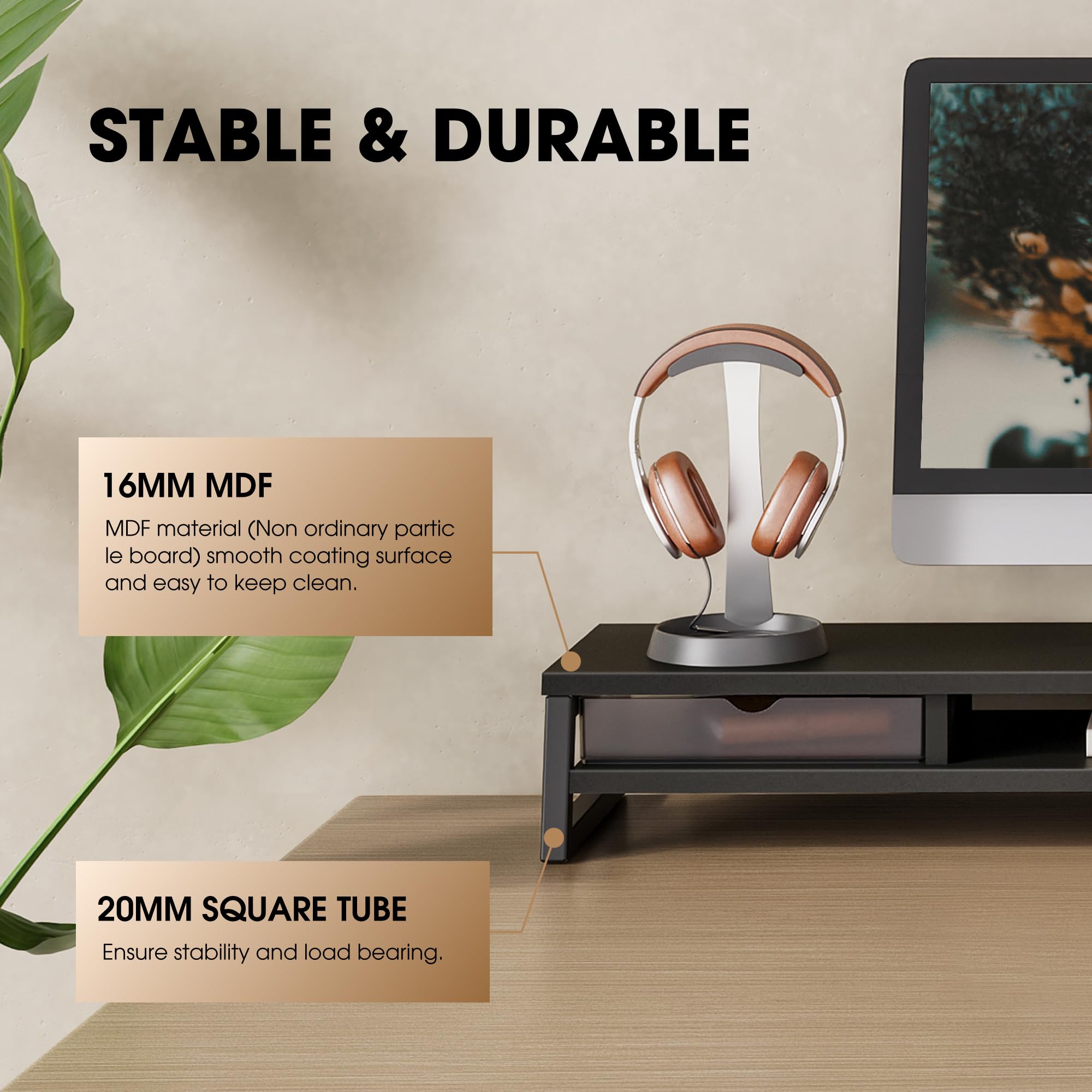 Fenge Dual Monitor Stander Riser Con 2 Cajones de Acrílico, 2 Pisos 108cm Pantalla de Ordenador para PC/Portátil/Fax/Impresora/Pantalla de TV, Capacidad de carga 45KG (Negro)