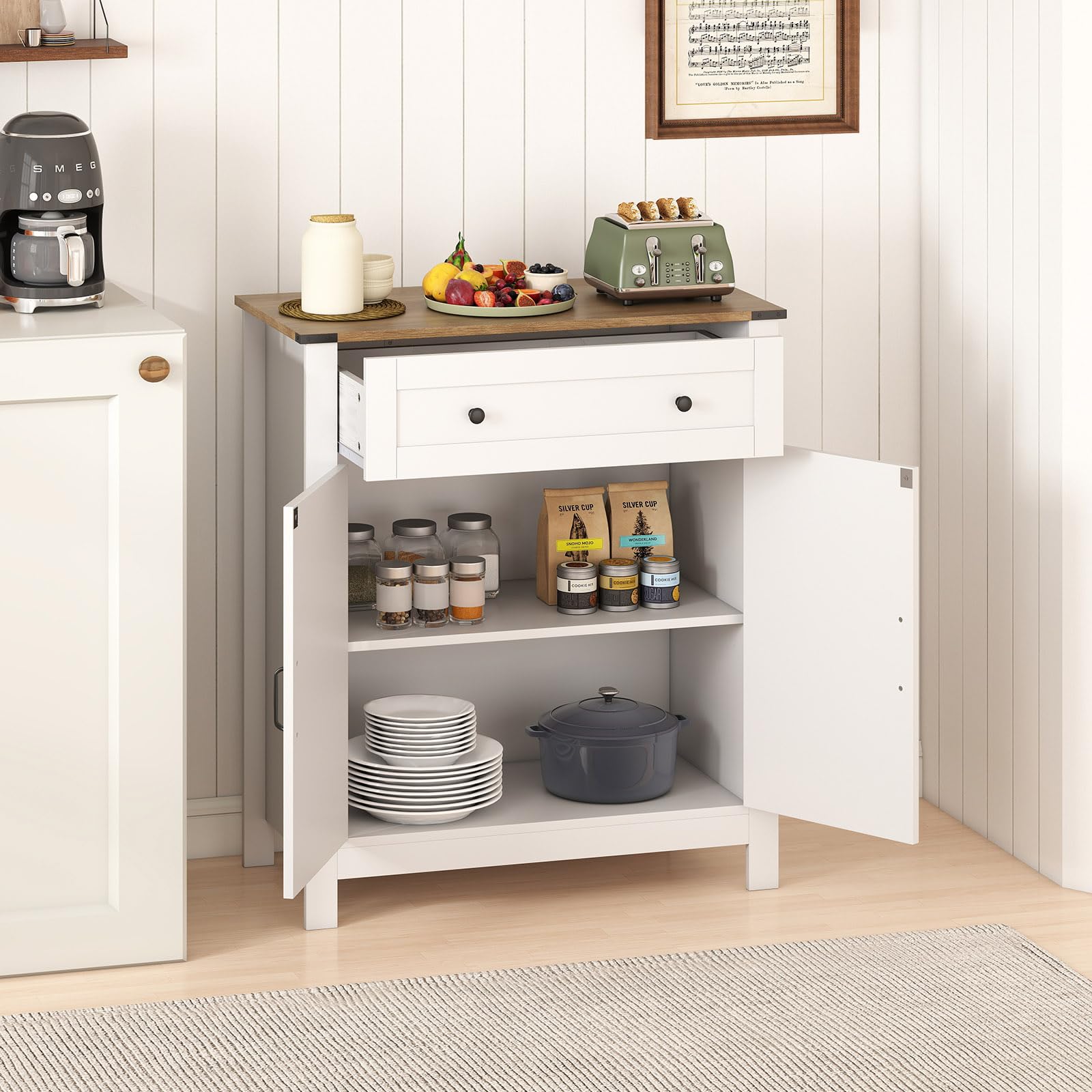 COSTWAY Dressoir hout, buffetkast met 2 deuren, 1 lade en verstelbare plank, keukenkast, modern, kast voor eetkamer, woonkamer en hal, 80 x 40 x 92 cm, wit