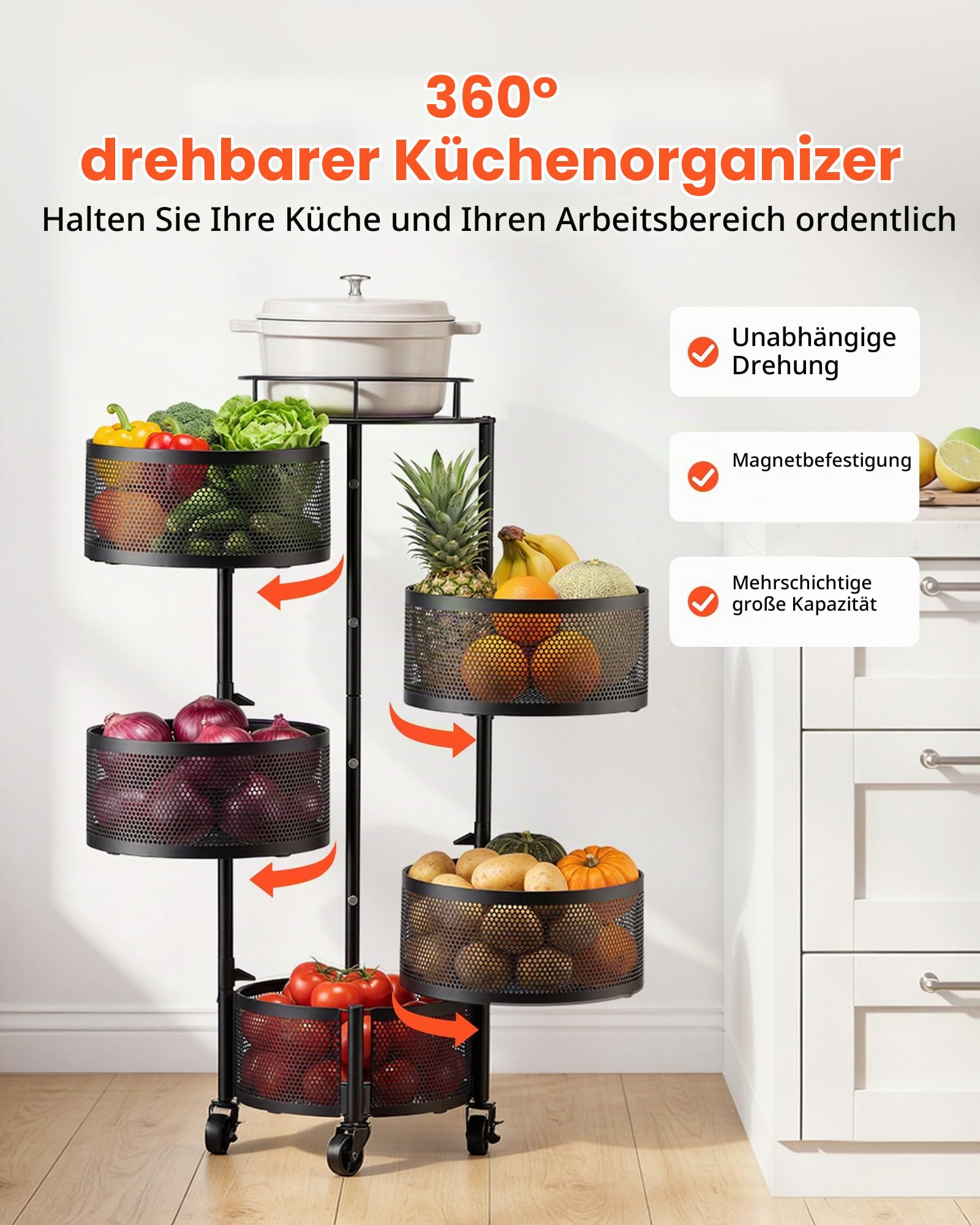 VEVOR Gemüseregal Küchenwagen mit 5 Ebenen, Obstkorb, Gemüsekorb aus Metall, Fahrbarer Drahtkorb-Organizer auf Rollen, Schwarzer Aufbewahrungswagen, ideal für Küche, Bad & Kinderzimmer