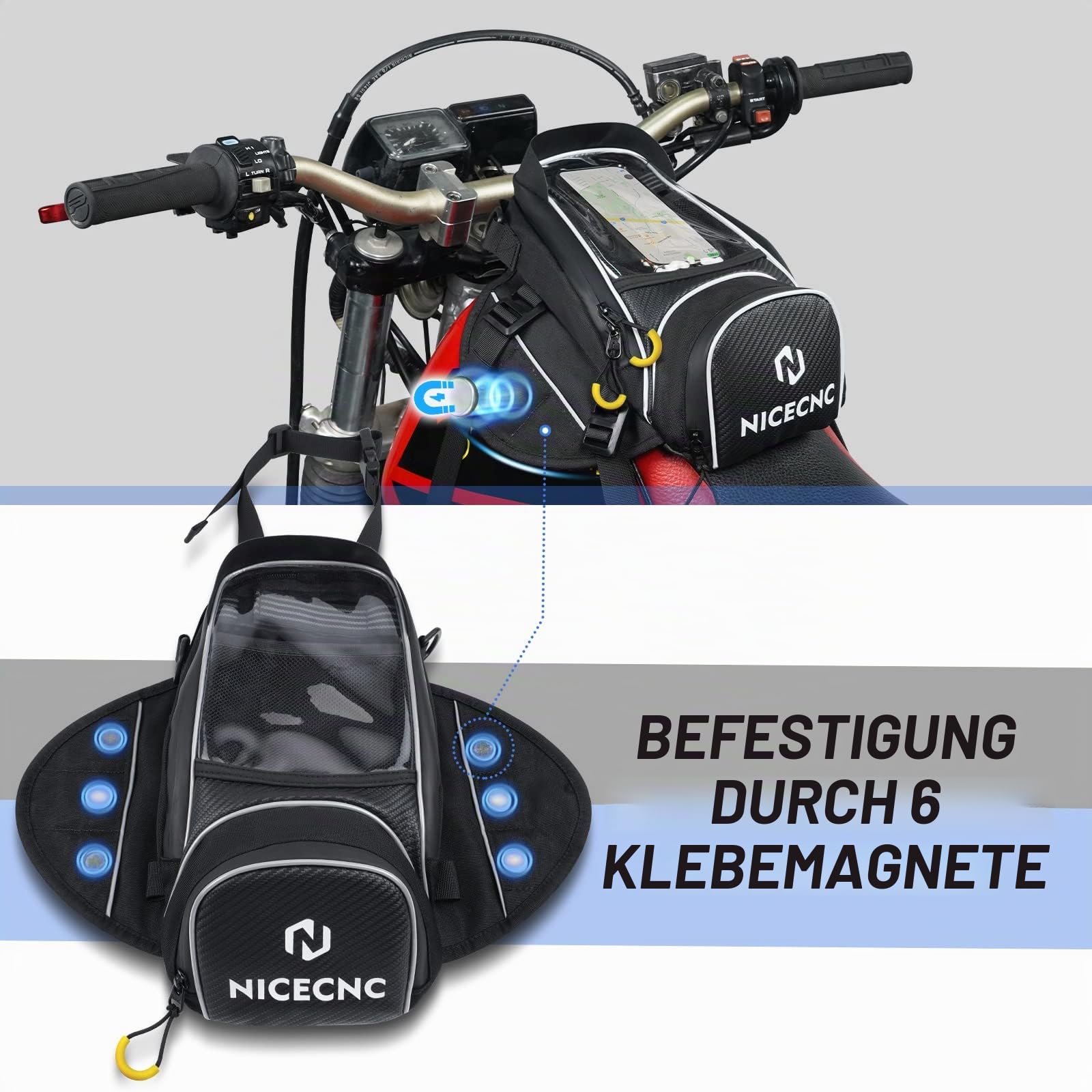 NICECNC Motorrad-Tankrucksack mit Magnetbefestigung, 6 Magneten und 5 verstärkten Riemen, Abnehmbarer Rutschfester Boden, tragbar, Tankrucksack für Dirtbikes, schwarz