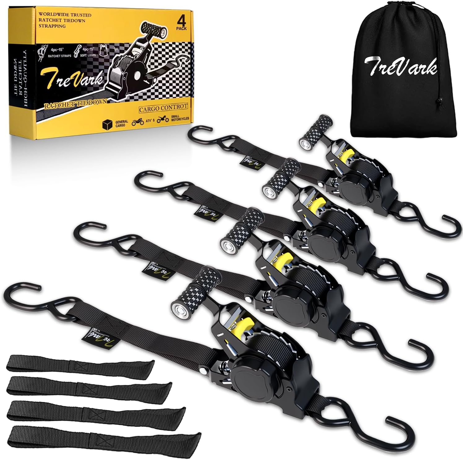 Retractable Ratchet Straps,1" x 10' Heavy Duty Ratchet Straps Self Retractable Tie Down Straps with Soft Loops for Motorcycle, Truck,Trailer(4-Pack)