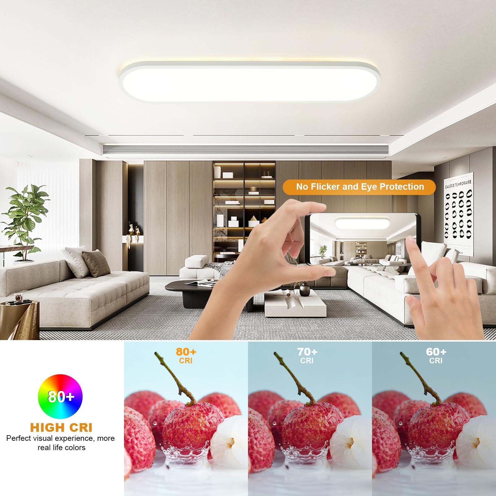 LEZOE LED Deckenlampe dimmbar mit Fernbedienung 80x20x2.9cm, 36W 4500LM RGB Deckenlampe Farbwechsel Speicherfunktion, IP44 Bürodeckenleuchte LED Panel für Wohnzimmer Schlafzimmer Küche Heimbüro Oval