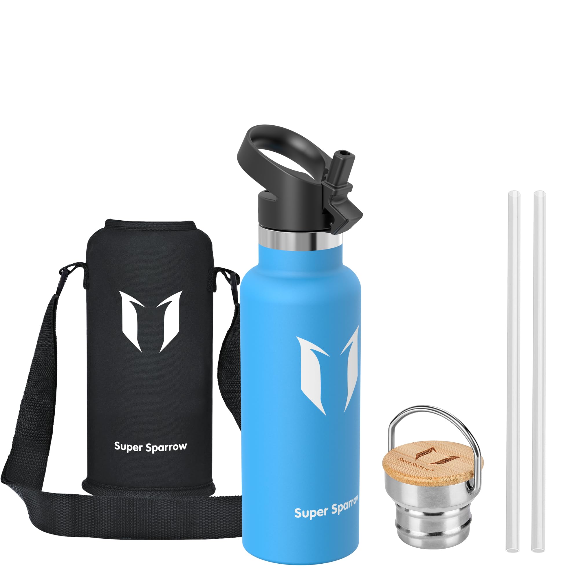 Super Sparrow Stainless Steel Water Bottle Kids - 500ml - Insulated Metal Water Bottles - Standard Mouth Flask - BPA Free - Straw Bottle for Work, Gym, Sports - 2 Lids