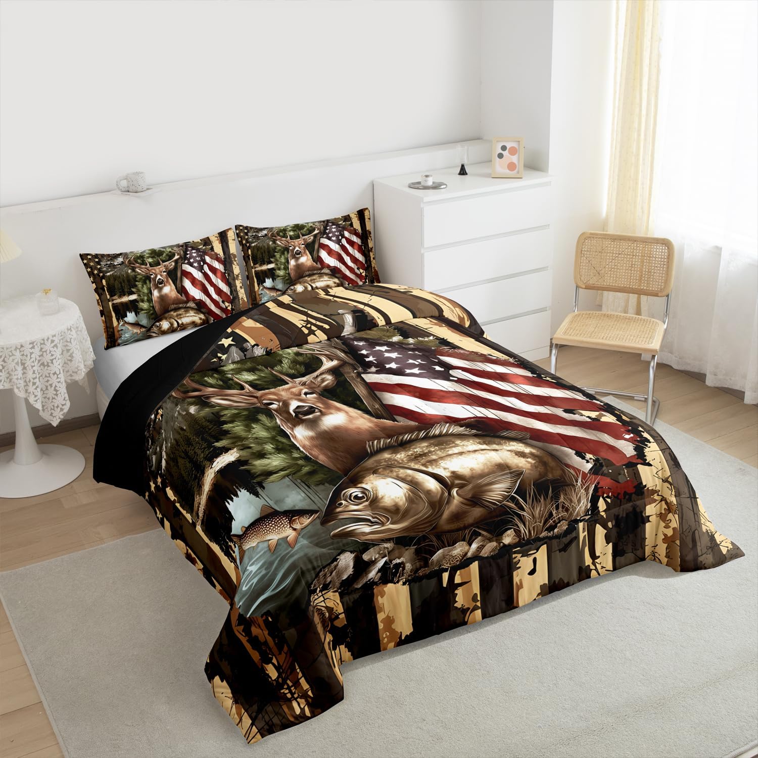 Feelyou Cute Deer Comforter Set All Season Pike Fish Bedding Set with 2 Pillow Cases Fishing and Hunting Microfiber Kids Full Bedclothes Farmhouse Lodge Country Bedroom Decor Duvet Quilt Soft