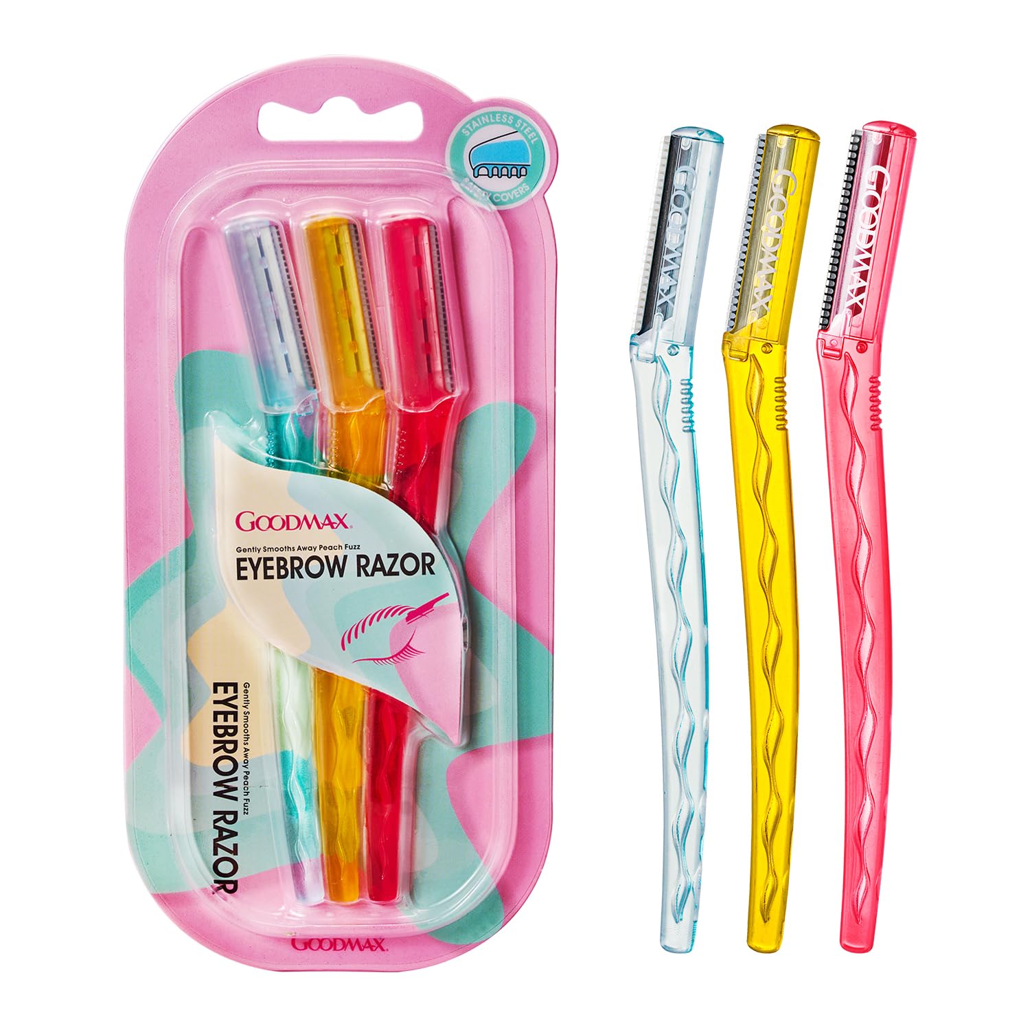 GOODMAX 3er-Set Augenbrauenrasierer, Gesichtsrasierer & Dermaplaning Tool | Gesichtshaarentfernung, peelende Edelstahlklingen, präzise Augenbrauenformung, Oberlippe, Kinn und Hals, Schutzkappen