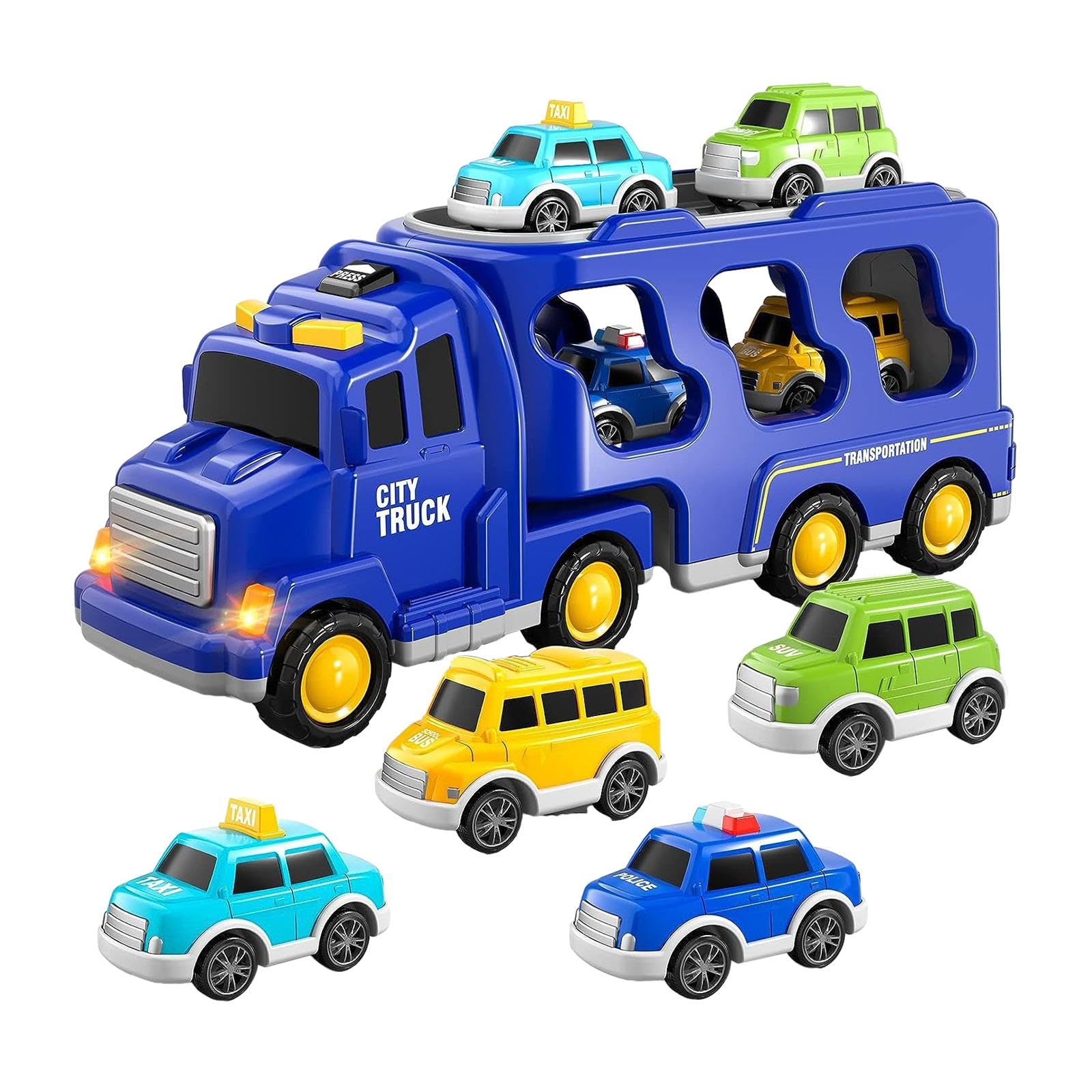 Reibungsbetriebener Spielzeug LKW mit Licht Und Soundeffekten, 7 in 1, für Jungen Und Mädchen, Blau