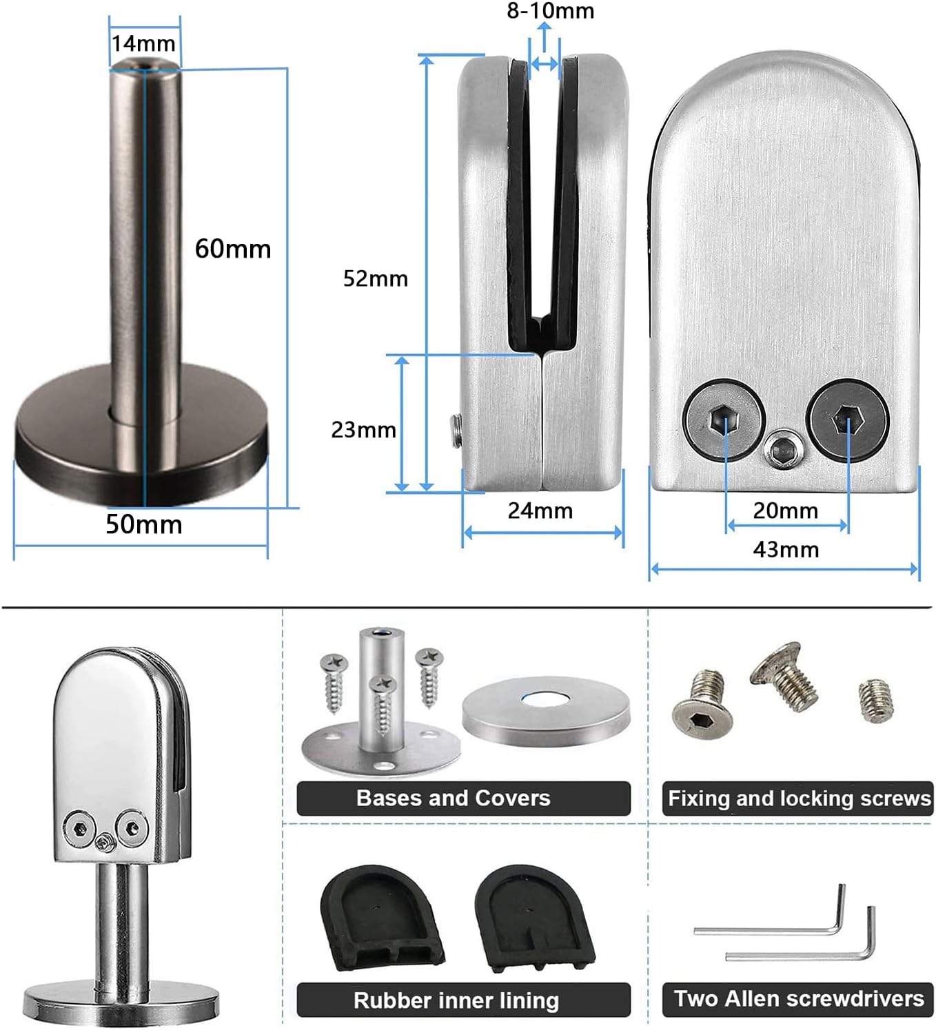 16 Pcs Stainless Steel 304 Glass Clip Clamp, 8-12mm U Shape Glass Clamp, No-Drill-On-Glass Glass Clamp, for Balustrade Staircase Handrail Home Garden Balcony