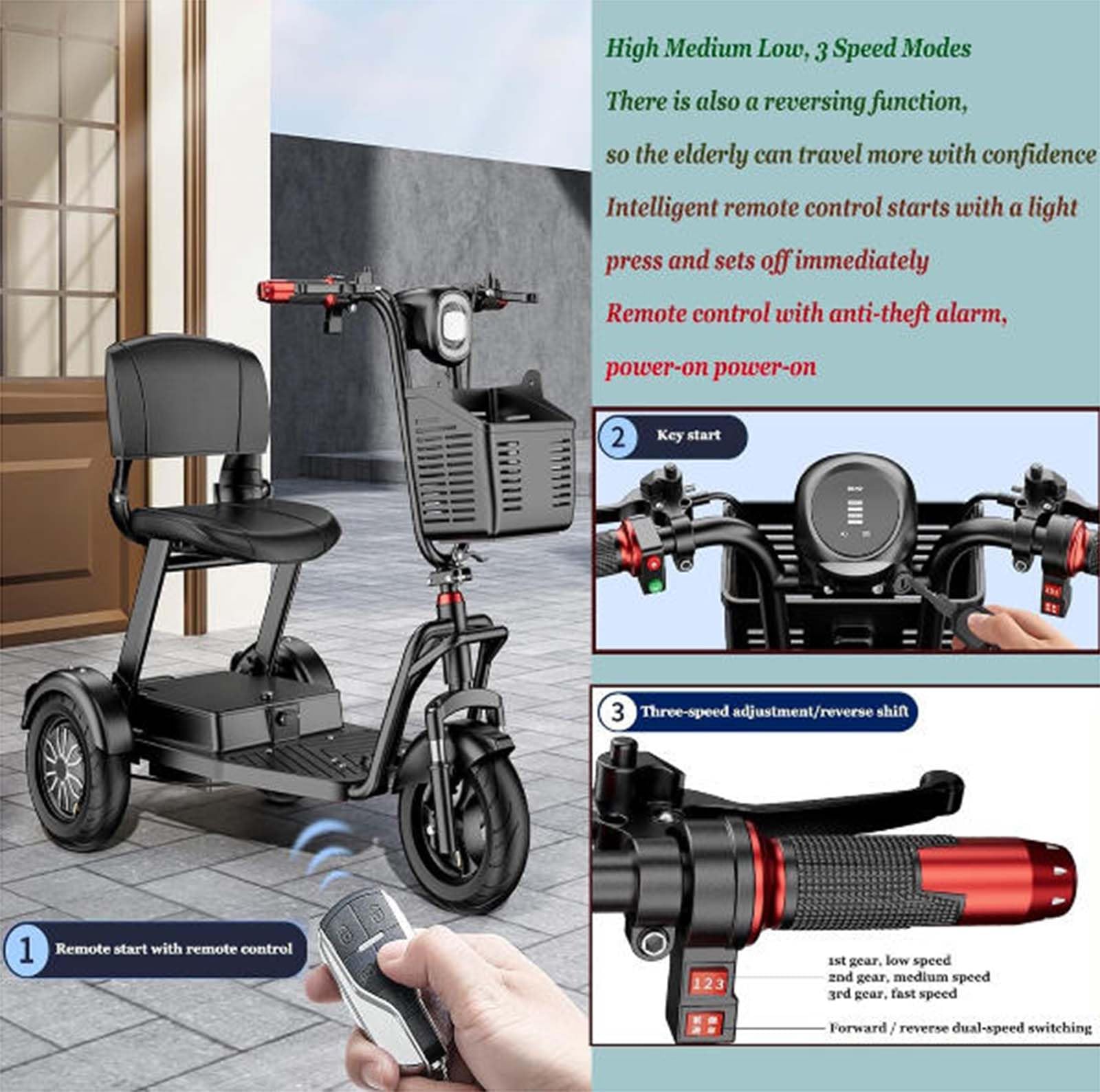 Generico Scooter per Mobilità a 3 Ruote Leggero e Pieghevole per Adulti e Anziani con Sedile Ergonomico e Batteria Rimovibile con Cestino