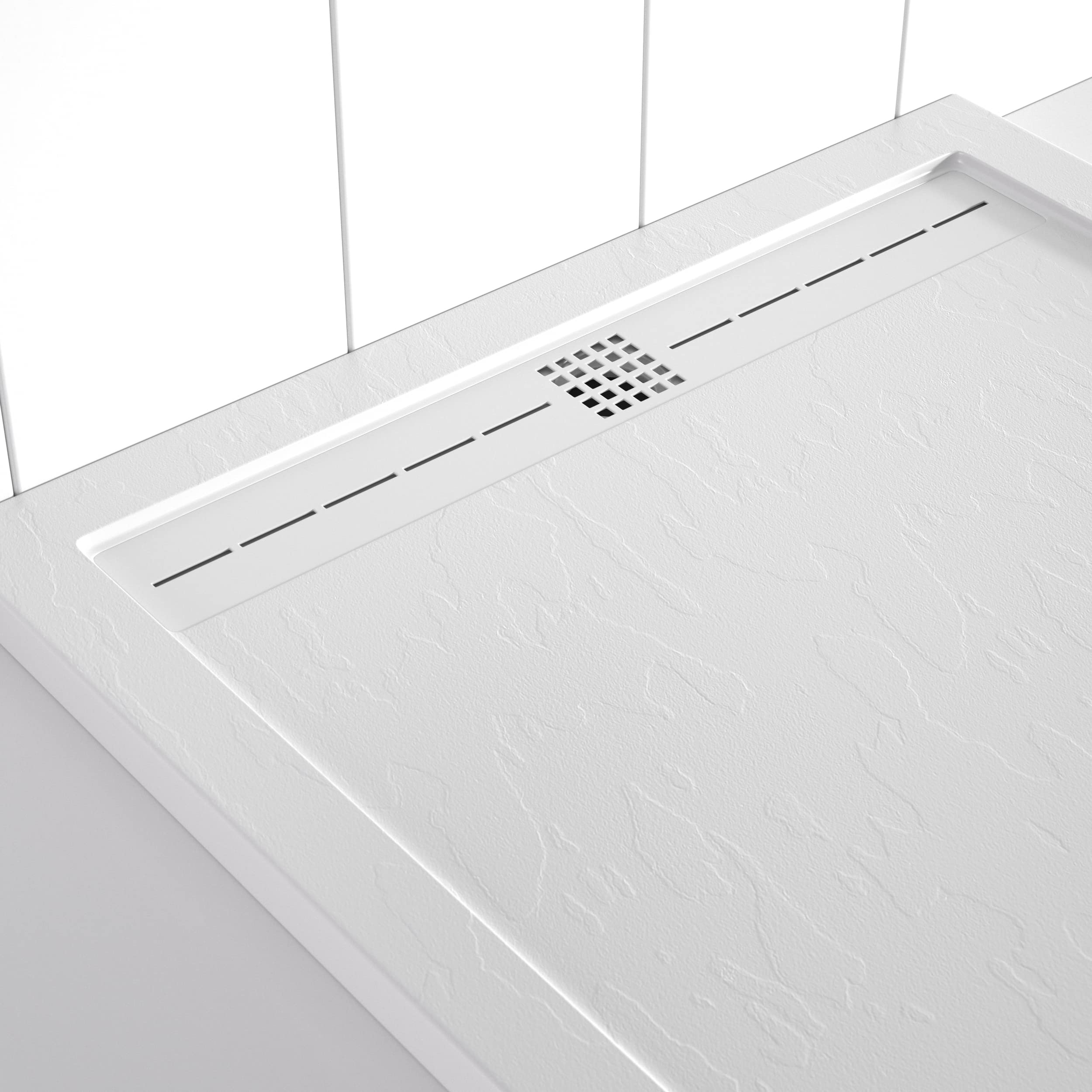 Plato Ducha RESINA EstiloBaño® DINAMIC - ENMARCADO - Textura PIZARRA - Todas Las Medidas Disponibles -【 80x160, BLANCO 】- Con Válvula desagüe + Rejilla