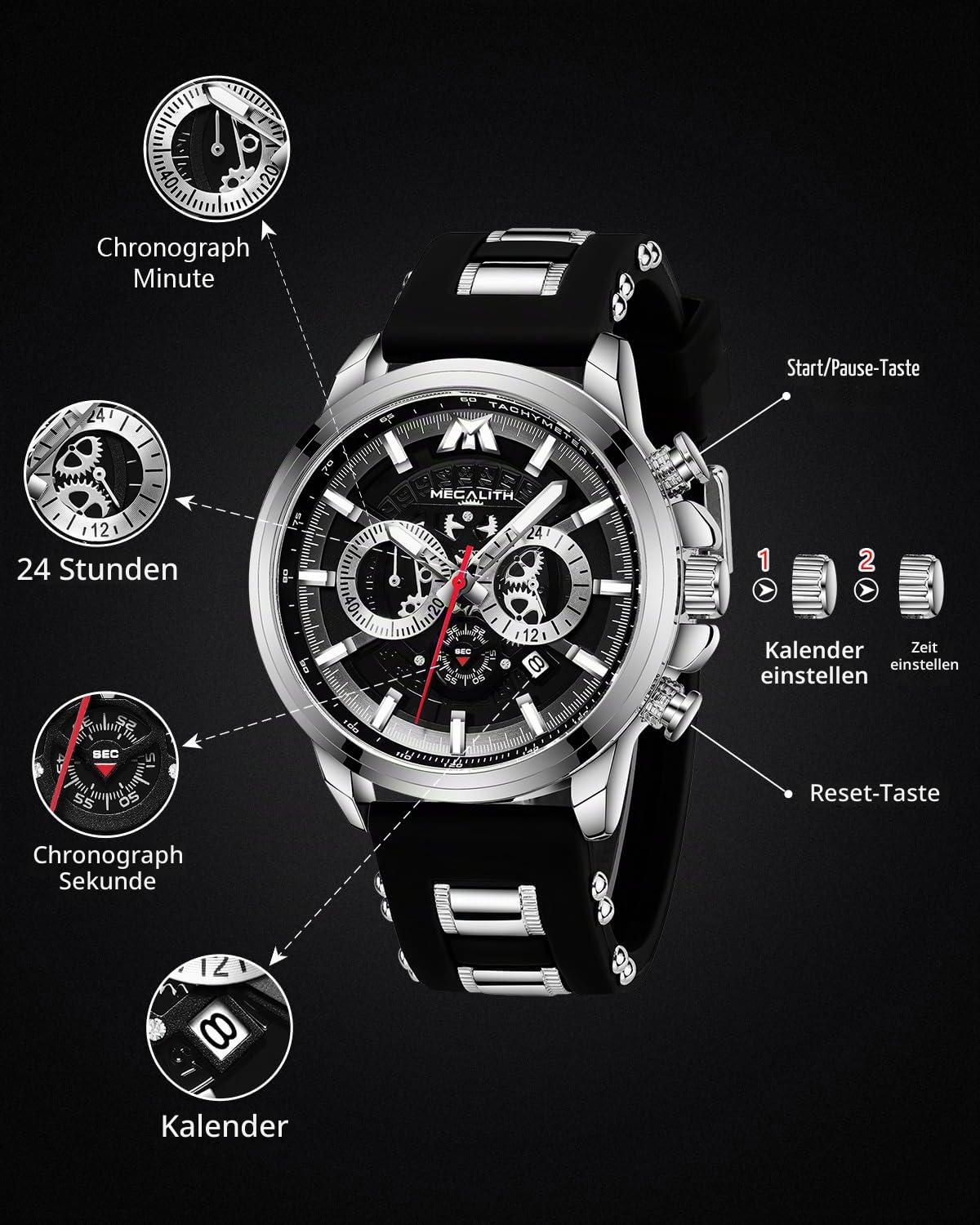 MEGALITH Herren Uhren Chronographen Armbanduhr: Analog Wasserdicht Herrenuhr mit Datum Leuchtend - Stilvoll Groß Quarzuhr Geschenke für Sportlich Männer Jubiläum Geburtstag