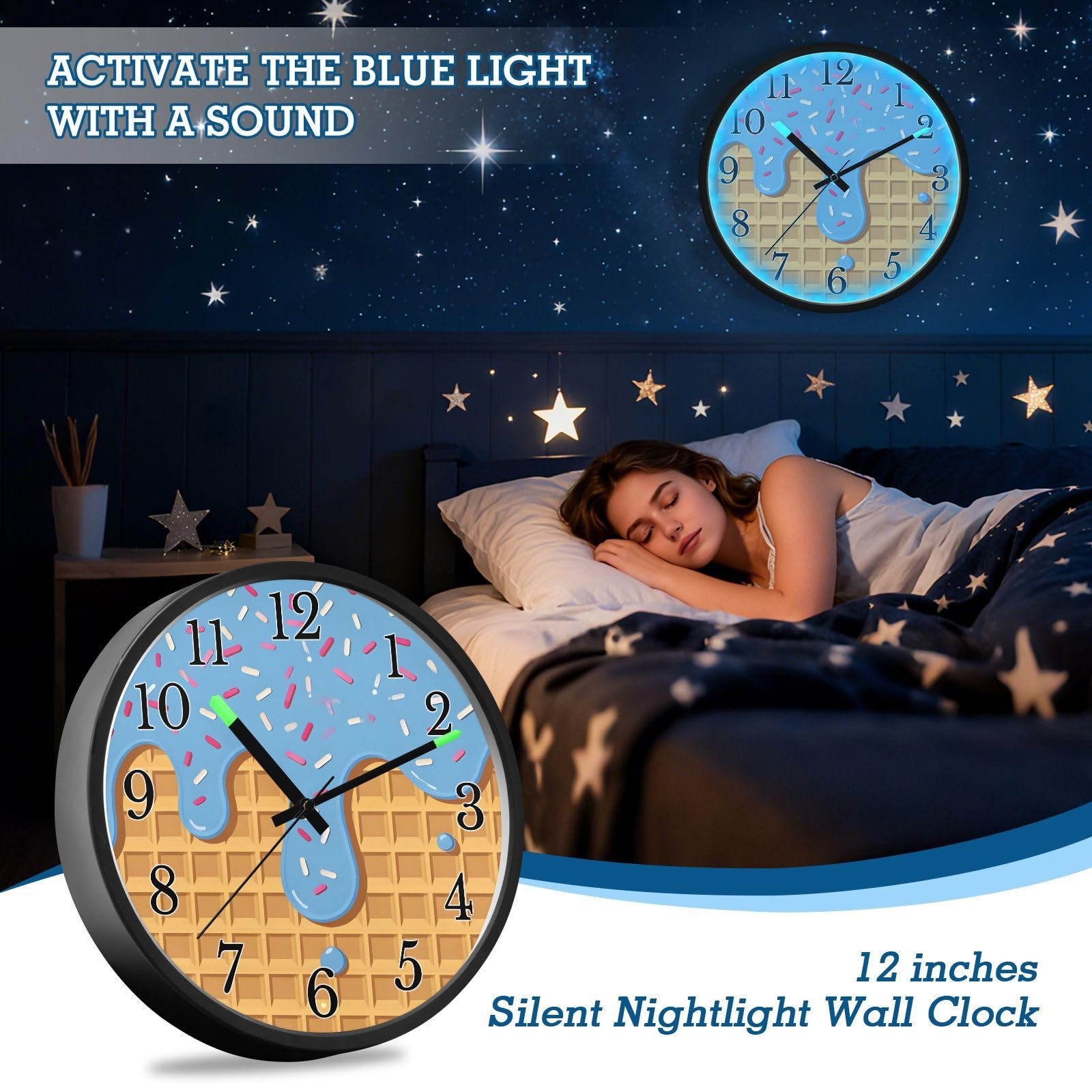 Mnsruu Reloj de pared luminoso, reloj de pared azul con goteo de helado, reloj de pared que brilla en la oscuridad, funciona con pilas, reloj silencioso de 30,5 cm con luz nocturna para dormitorio