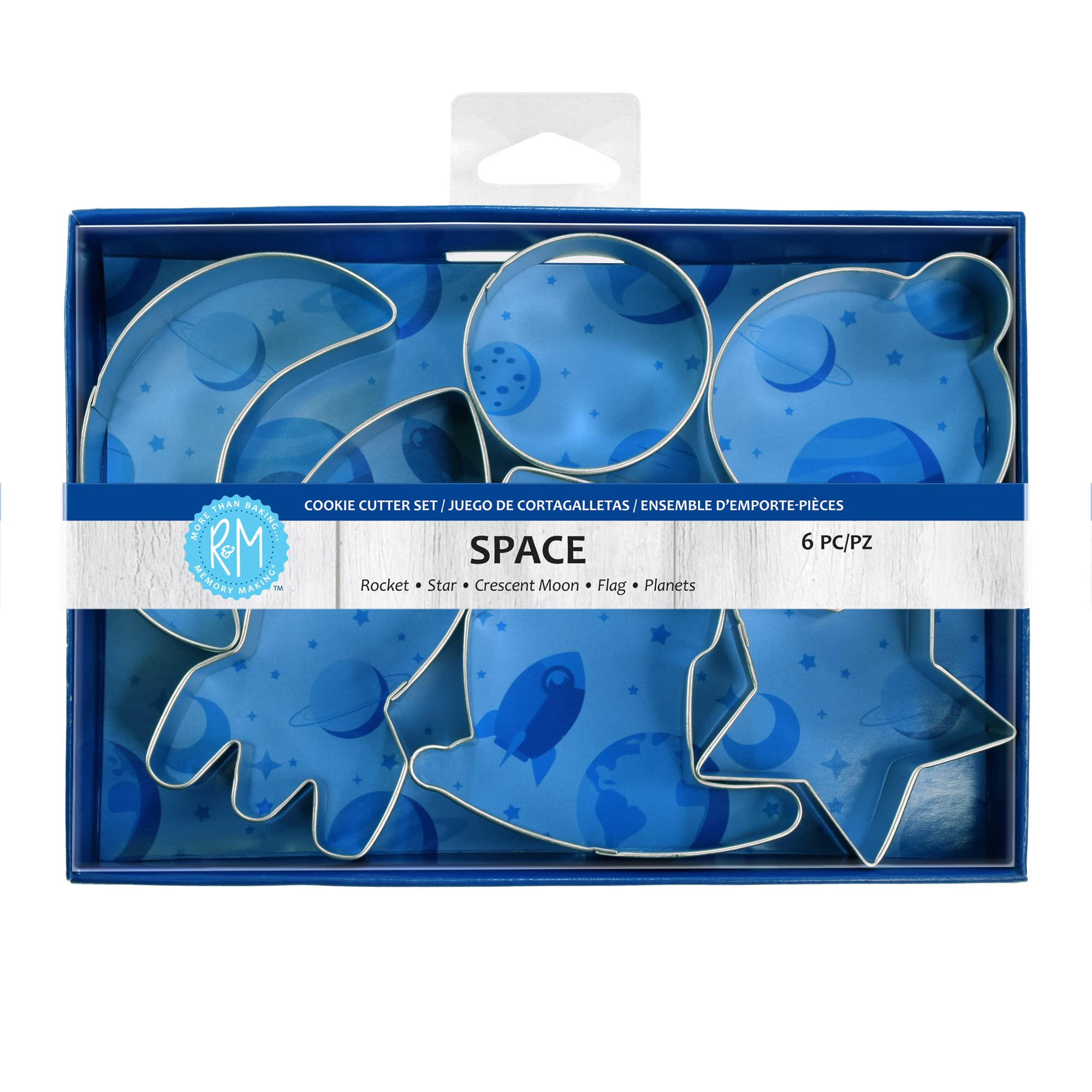 R&M International Space Cookie Cutters, Rocket, Star, Crescent Moon, Flag, Planet, Circle, 6-Piece Set, Silver