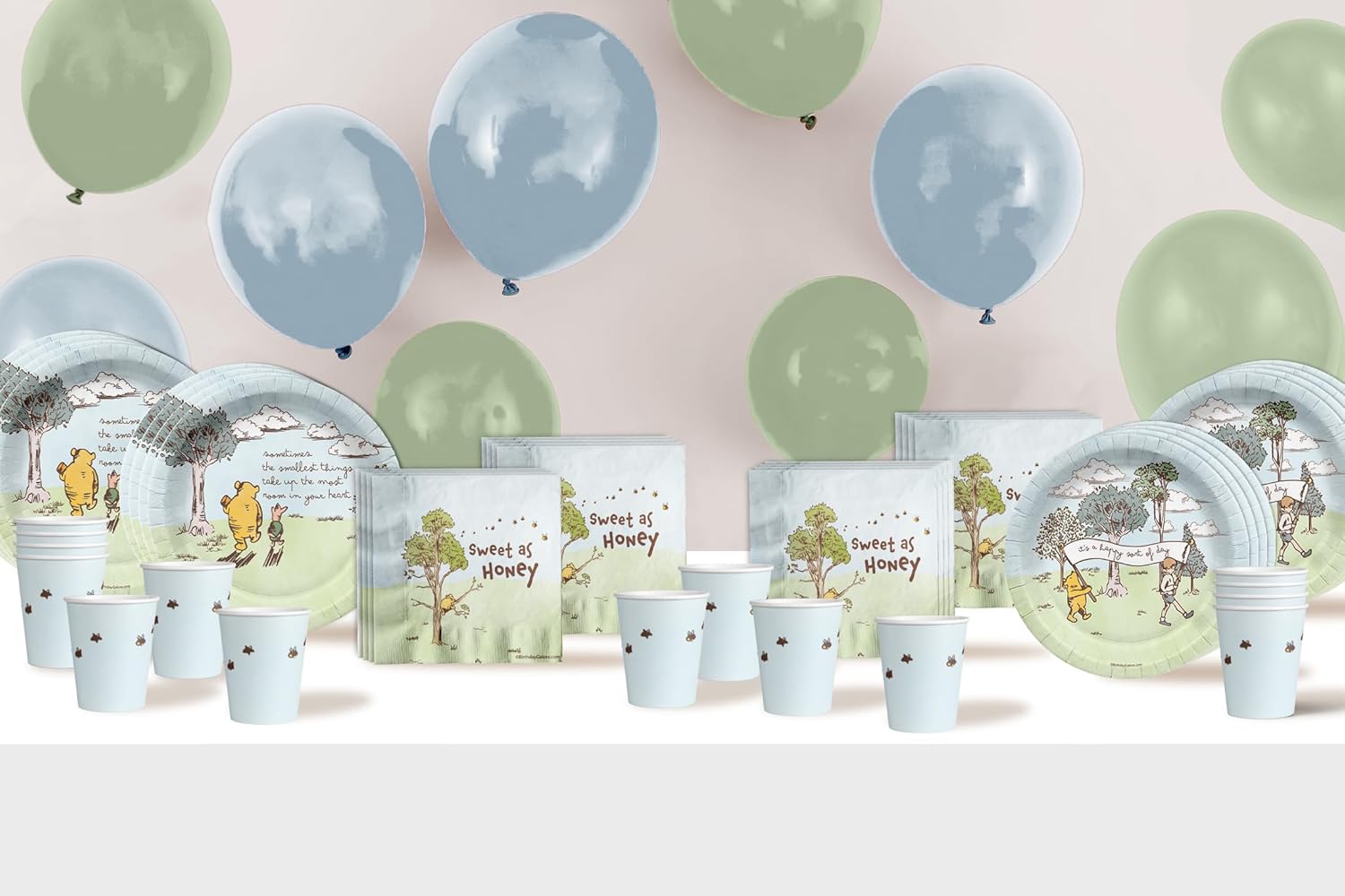 Birthday Galore Pooh Bear Baby Shower Party Supplies - 64 Piece Summer Baby Shower Tableware Set Includes Large 9" Dinner Plates and 8" Dessert Paper Plates Napkins Cups - Kit for 16
