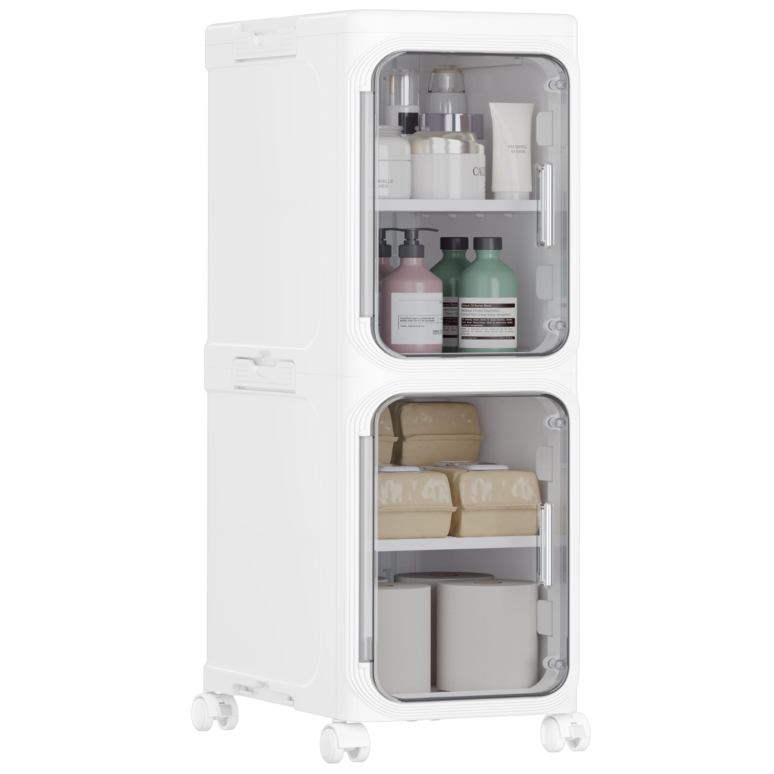 HOMIDEC Bathroom Storage, 2 Tier Narrow Bathroom Cabinet with Wheels and Removable Shelf, Slim Bathroom Storage Unit Free Standing for Toilet Roll, Towel, Shower, Clear Smoke