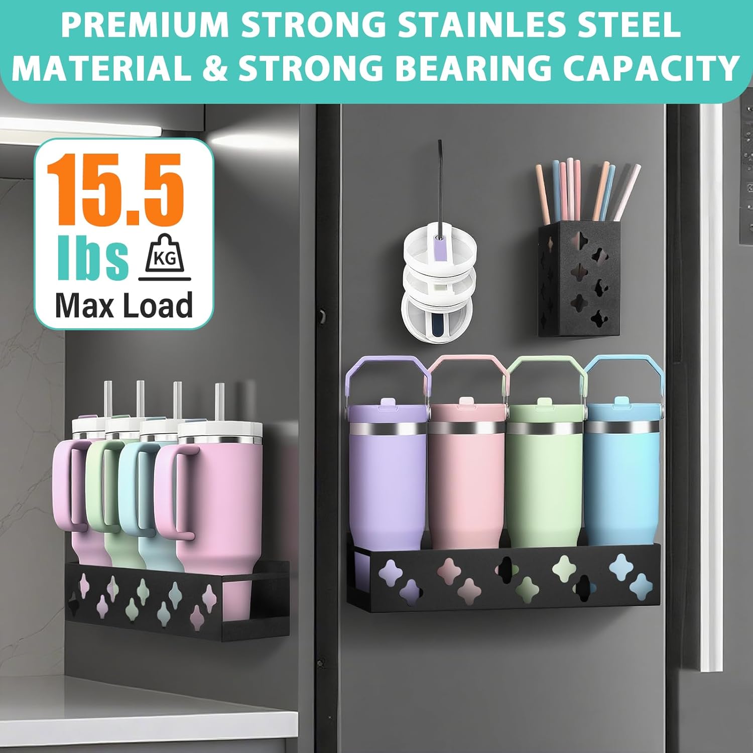 Magnetic Water Bottle Organizer for Fridge, Magnetic Cup Holder for Stanley 30 40 Oz with Tumbler Lid & Straw Organizer, 8 Tumblers Kitchen Storage Rack for Stanley Cup Accessories, Space-Saving - Image 5