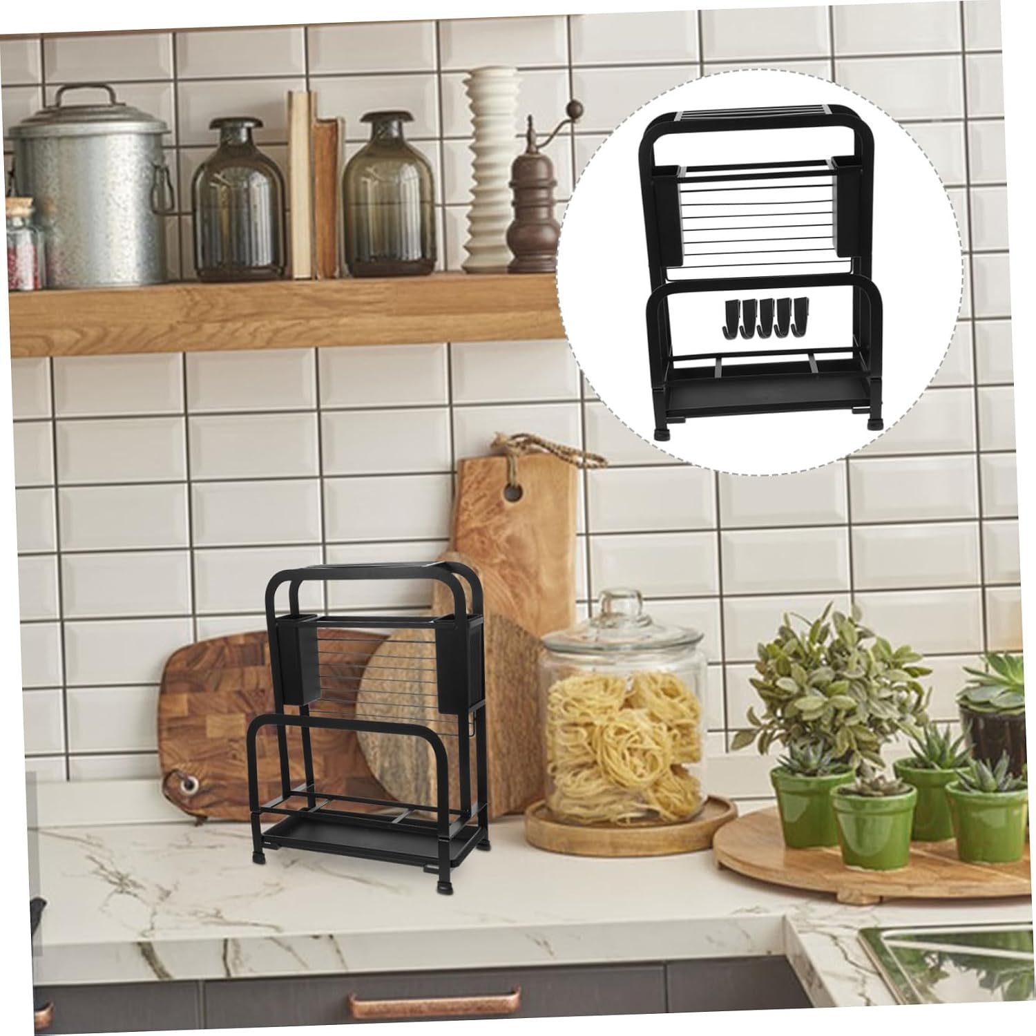 Mobestech Multifunctional Knife and Chopstick Holder Carbon Steel Cutting Board Stand with Non-slip Base Kitchen Countertop Organizer for Utensils