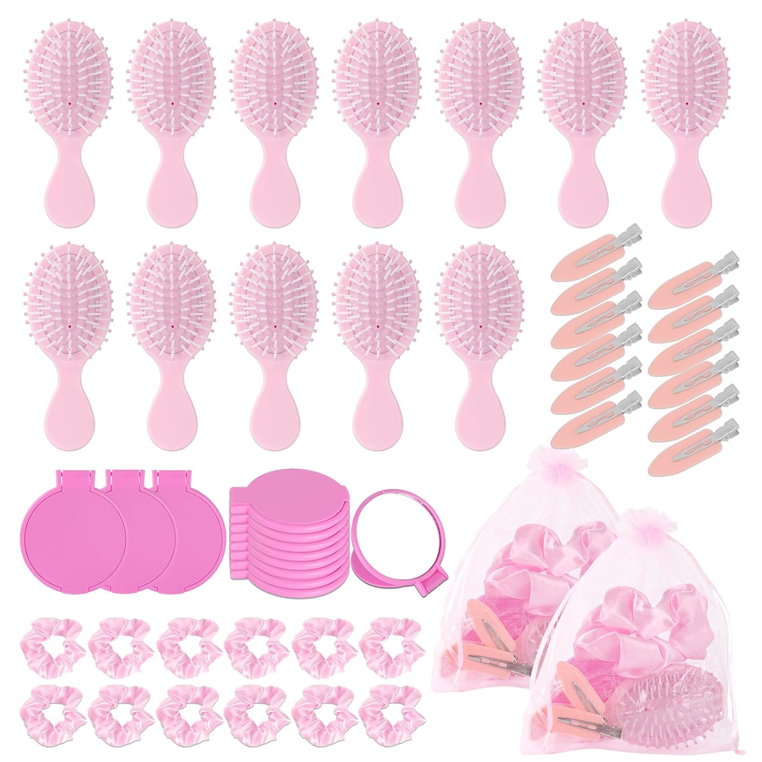60 Pcs Pink Party Favors, Pink Makeup Party Supplies for Girls, Including Hair Brushes, Elastic Scrunchies, Pocket Cosmetic Mirrors, and Organza Bags, Hair Clips Accessories (60 Pcs)