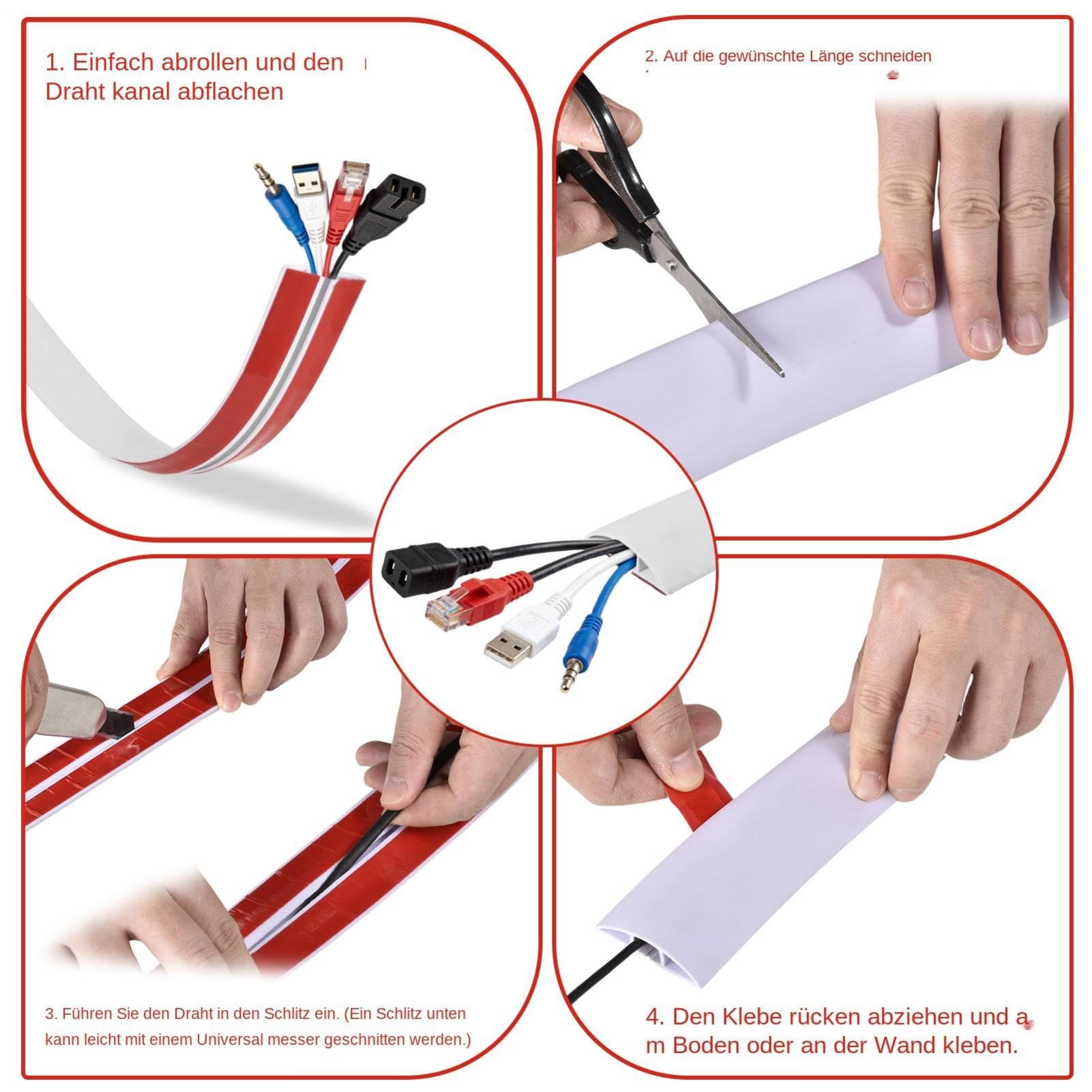 Kabelkanal Boden 20m Rolle 5cm breit Selbstklebende Kabelleiste flach PVC Kabelabdeckung zuschneidbar rutschfest für Homeoffice Wohnzimmer Garage Weiß